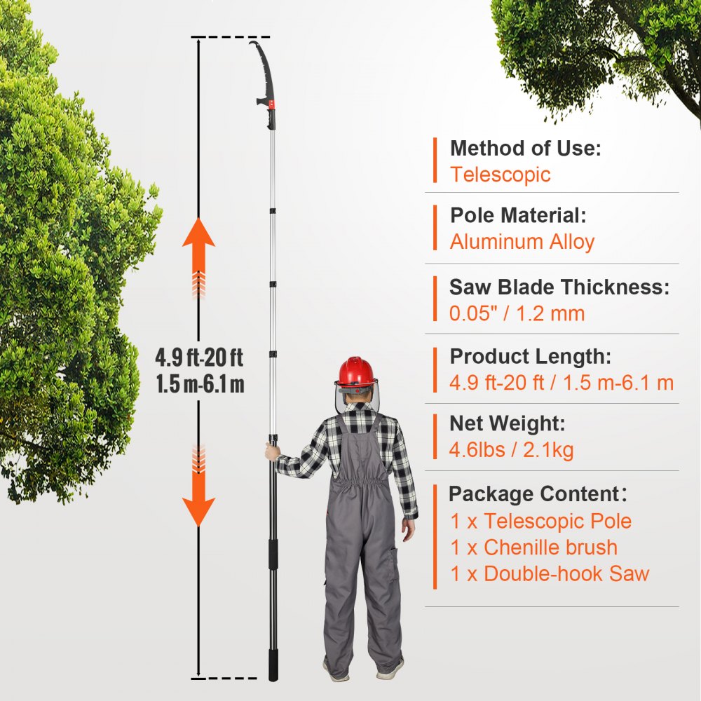 VEVOR manual pole saw with telescopic aluminum alloy pole, 4.9ft-20ft length, 0.05&quot; saw blade.