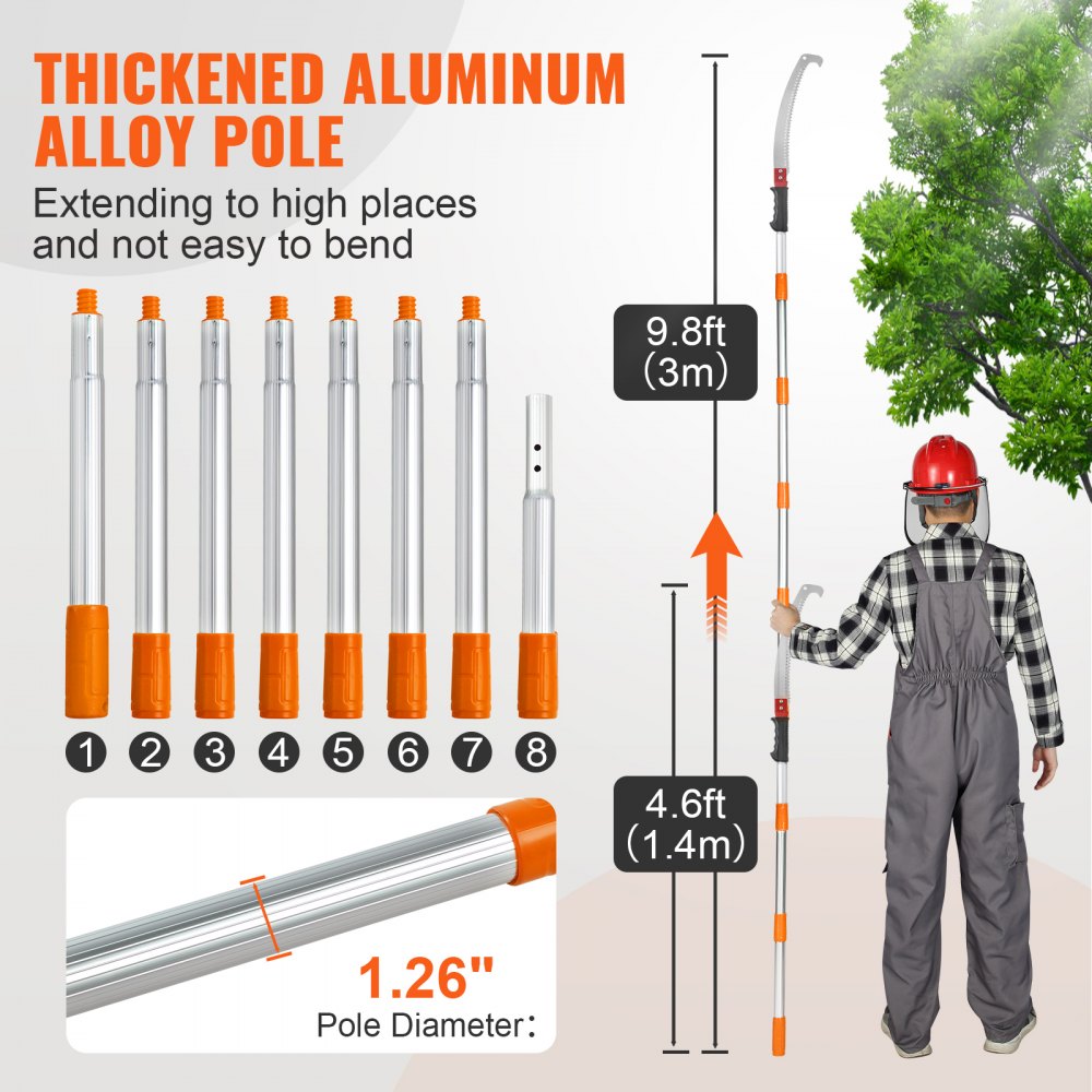 VEVOR manual pole saw with 9.8ft extendable thickened aluminum alloy pole, 1.26&quot; diameter.