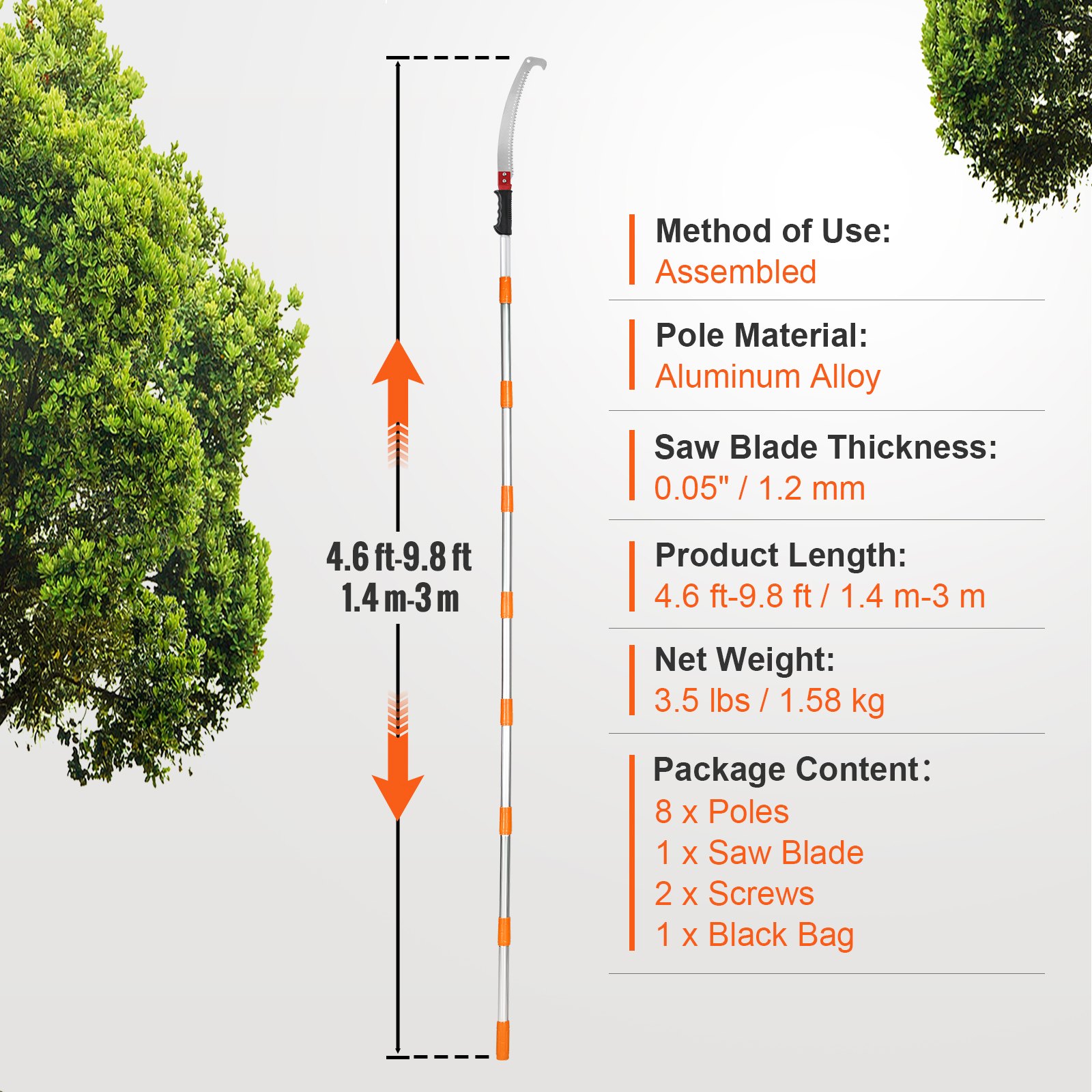 VEVOR manual pole saw with aluminum alloy pole, 9.8 ft length, 3.5 lbs weight, and package contents.