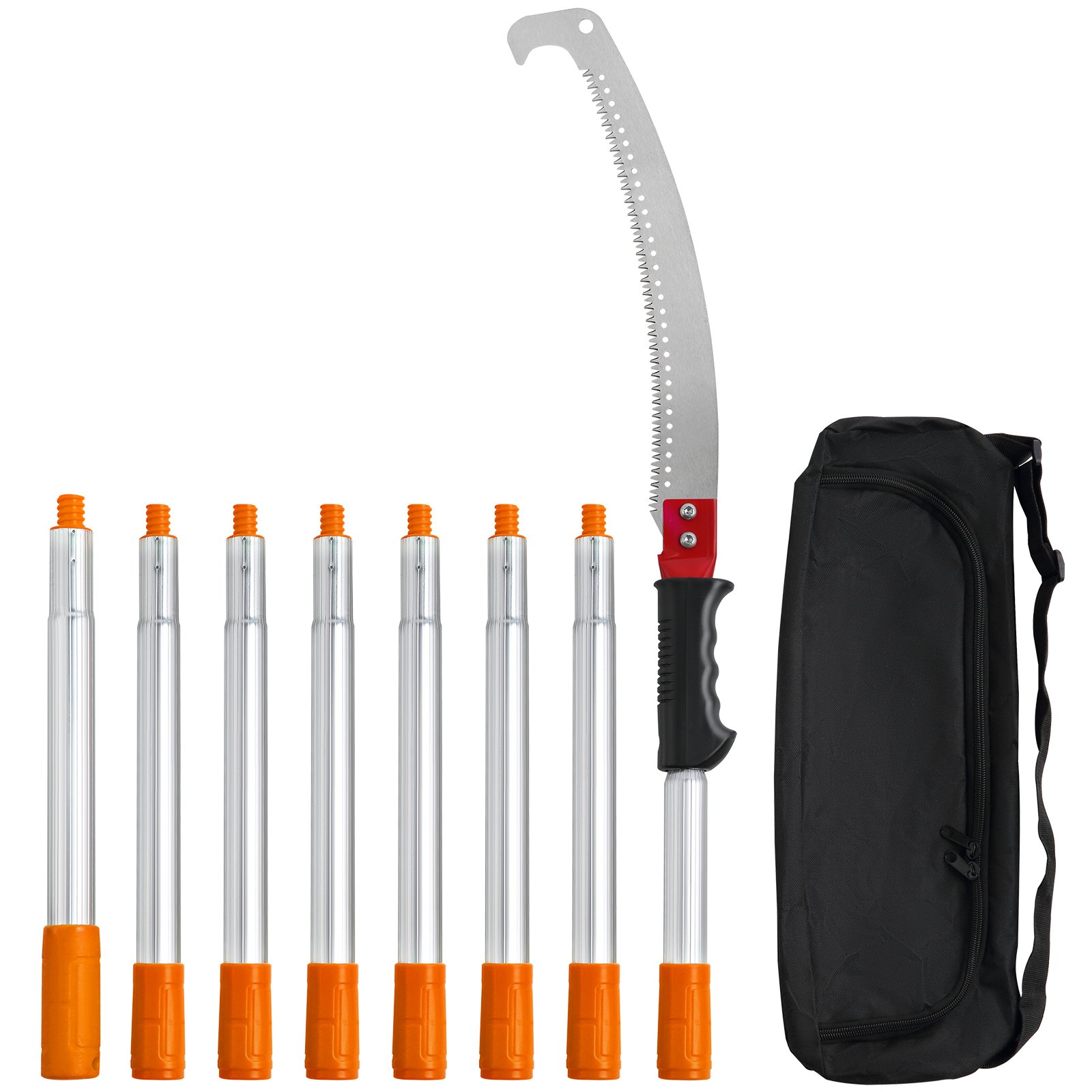 eight-piece VEVOR manual pole saw set with orange end caps and black storage bag.