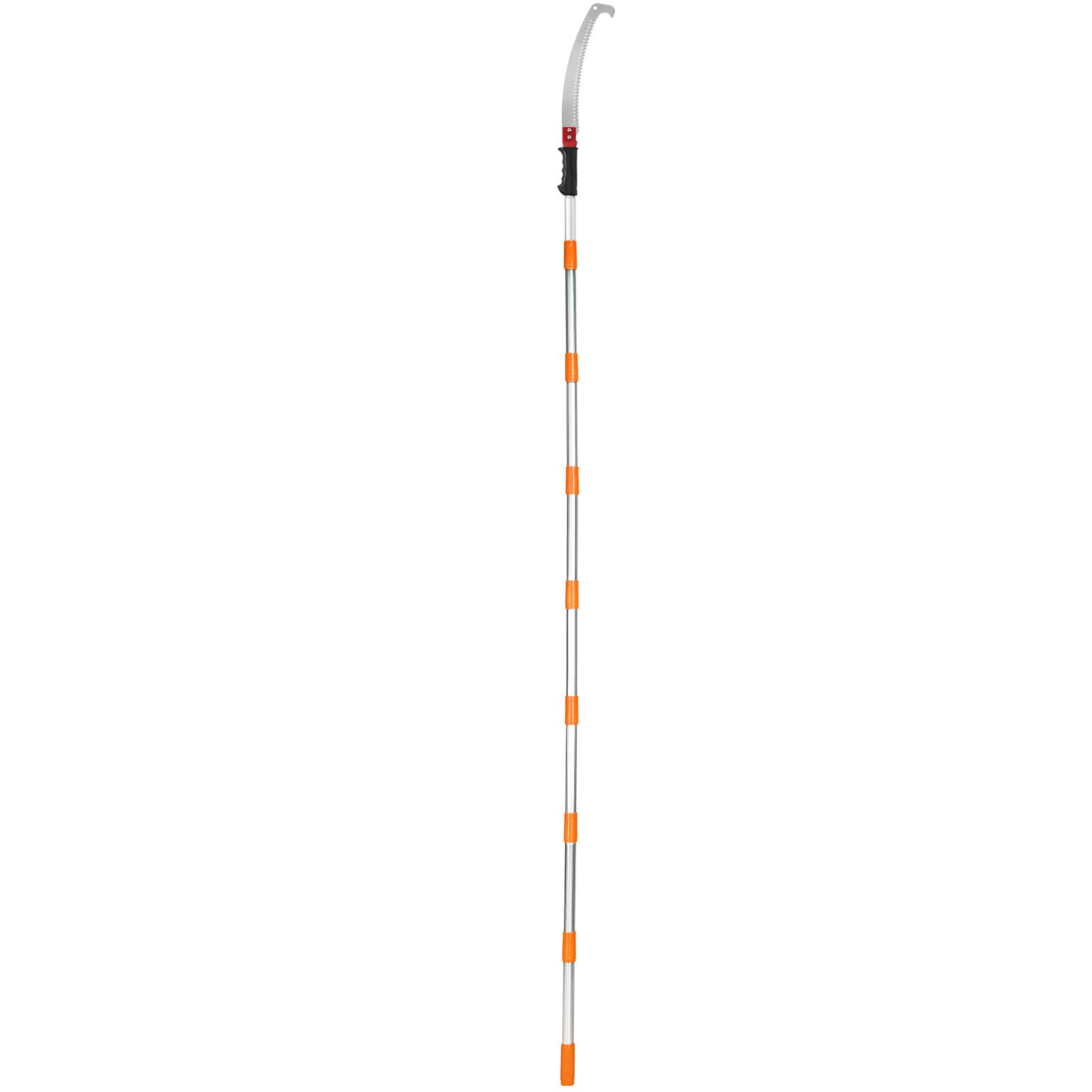 long pole saw with orange handle grips and a curved blade at the top, VEVOR manual pole saw.