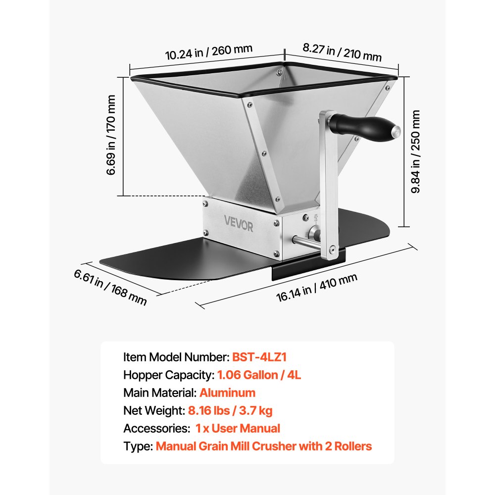 VEVOR Manual Grain Mill, Homebrew Malt Grinder, Adjustable Barley Mill Crusher for Wheat Beer Brewing - with 2 Stainless Steel Rollers, 1.06 Gallon Hopper & Metal Base Plate