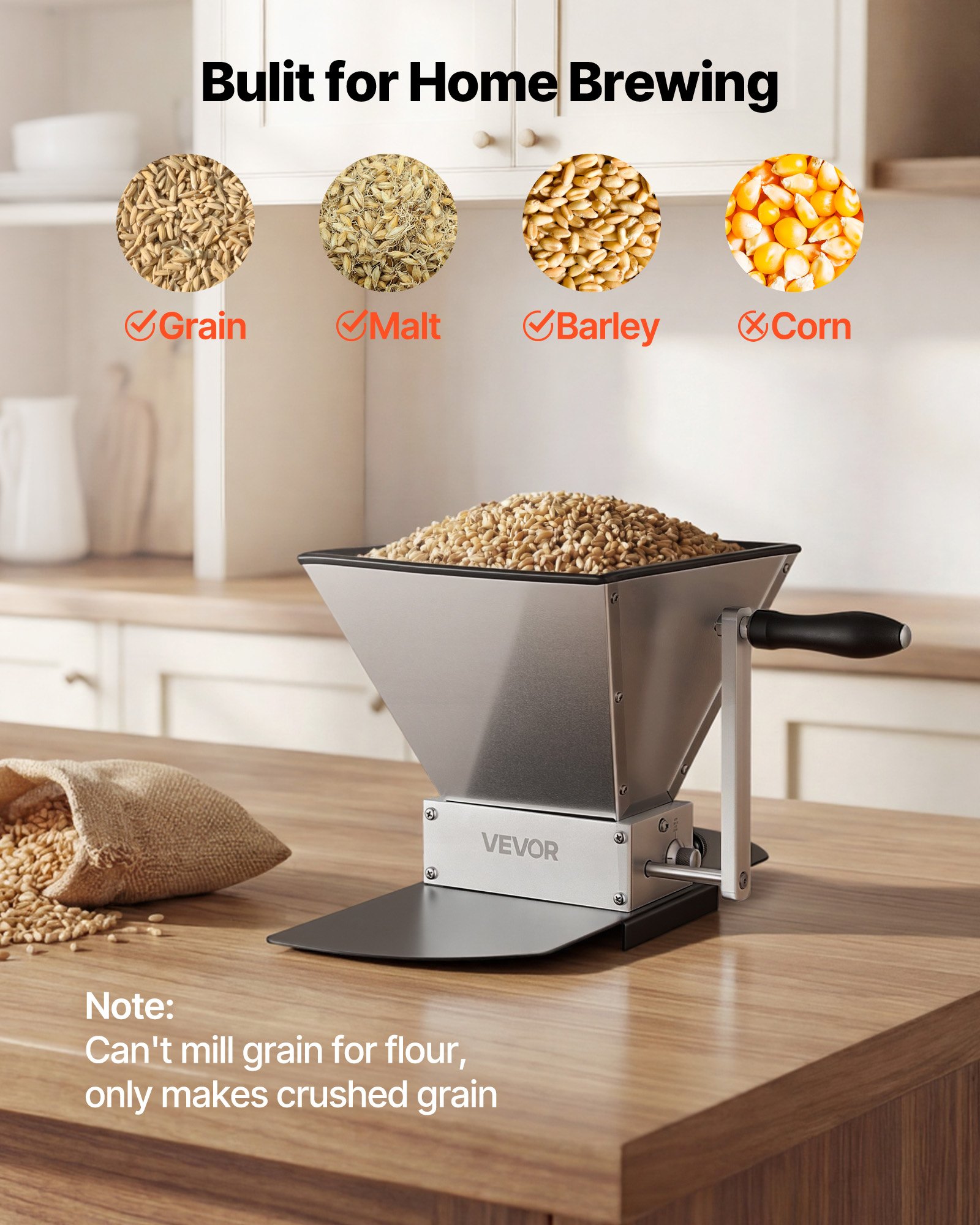 VEVOR Manual Grain Mill, Homebrew Malt Grinder, Adjustable Barley Mill Crusher for Wheat Beer Brewing - with 2 Stainless Steel Rollers, 1.06 Gallon Hopper & Metal Base Plate