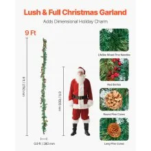 9Ft Christmas Garland with Light String Red Berries Pine Cones and Pine Needles