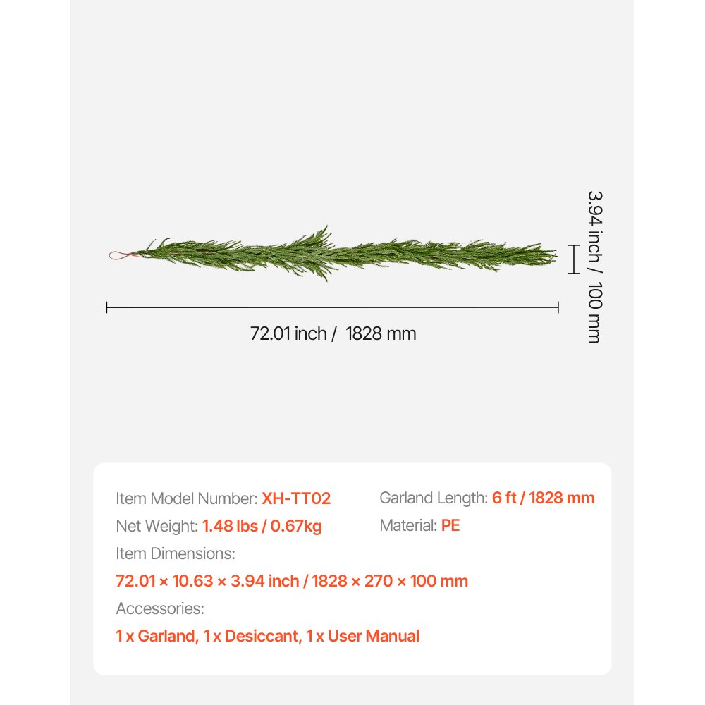 VEVOR Christmas Garland, 1828 mm Realistic Norfolk Pine Garland, Evergreen Real Touch Artificial Faux Greenery Garlands, for Holiday Indoor Outdoor Xmas Decoration on Table, Mantel, and Fireplace
