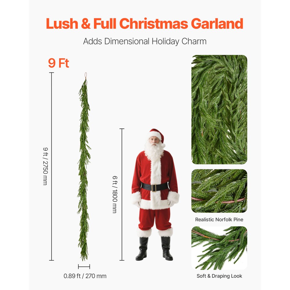 VEVOR Christmas Garland, 2750 mm Realistic Norfolk Pine Garland, Evergreen Real Touch Artificial Faux Greenery Garlands, for Holiday Indoor Outdoor Xmas Decoration on Table, Mantel, and Fireplace