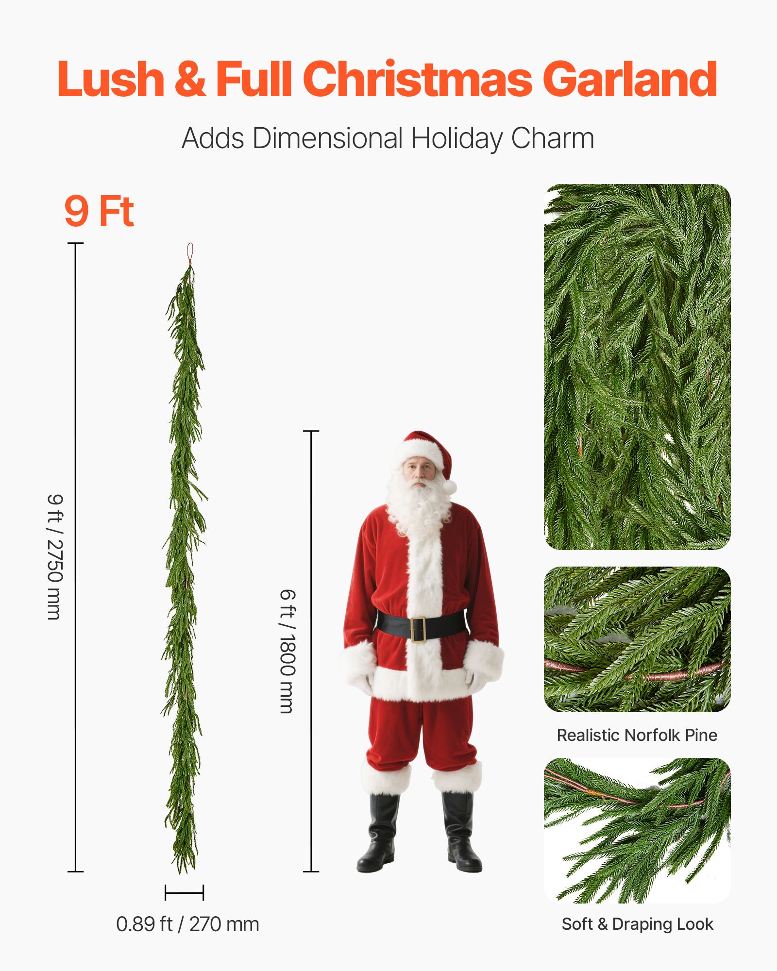 VEVOR Christmas Garland, 2750 mm Realistic Norfolk Pine Garland, Evergreen Real Touch Artificial Faux Greenery Garlands, for Holiday Indoor Outdoor Xmas Decoration on Table, Mantel, and Fireplace