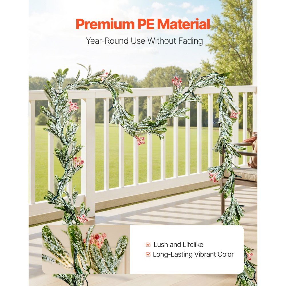 VEVOR Christmas Garland, 2011 mm Realistic Greenery Decorated with Vines, Olive Leaves, and Berries, Evergreen Faux Garlands with Light String for Indoor Outdoor Xmas Decoration on Mantel Fireplace