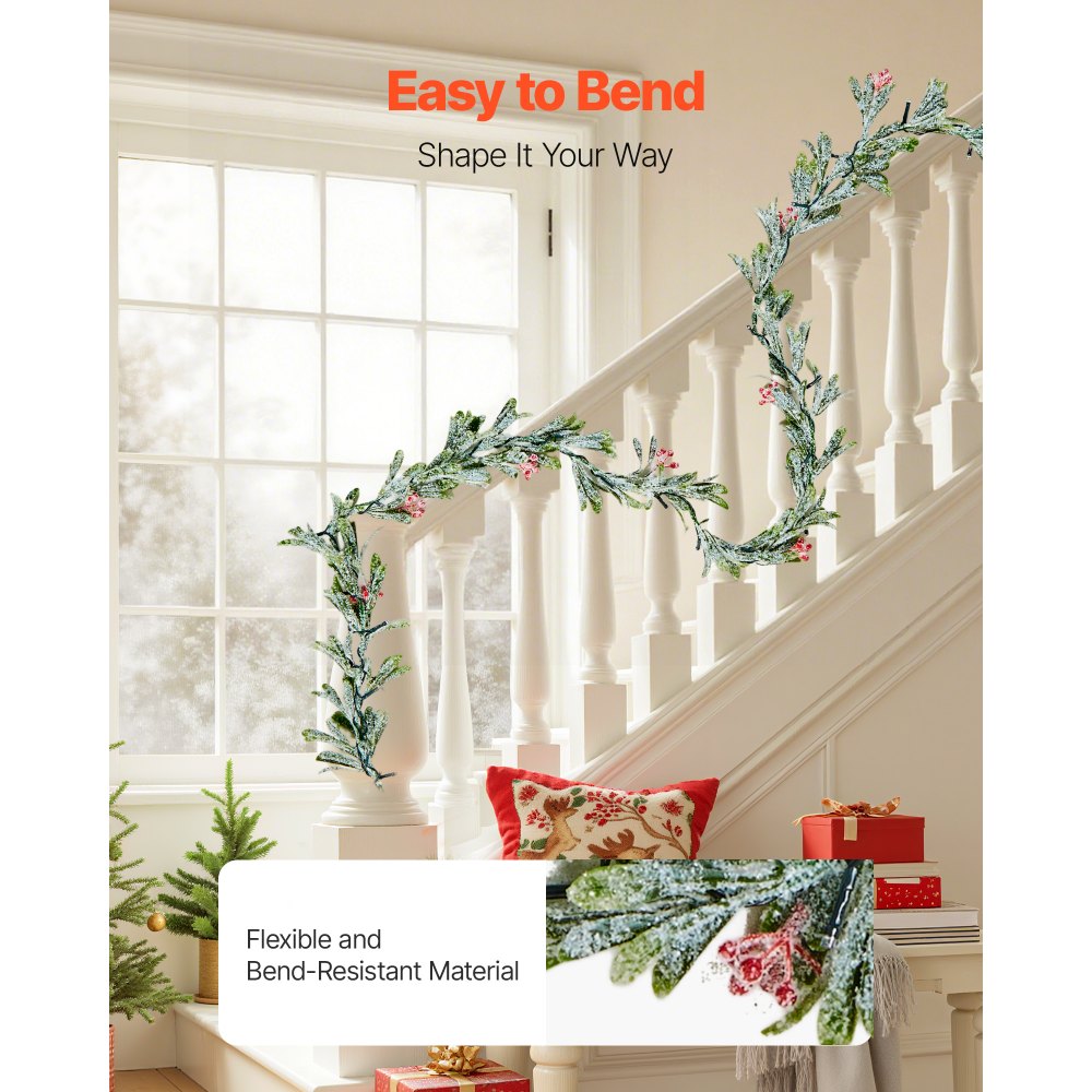 VEVOR Christmas Garland, 2011 mm Realistic Greenery Decorated with Vines, Olive Leaves, and Berries, Evergreen Faux Garlands with Light String for Indoor Outdoor Xmas Decoration on Mantel Fireplace