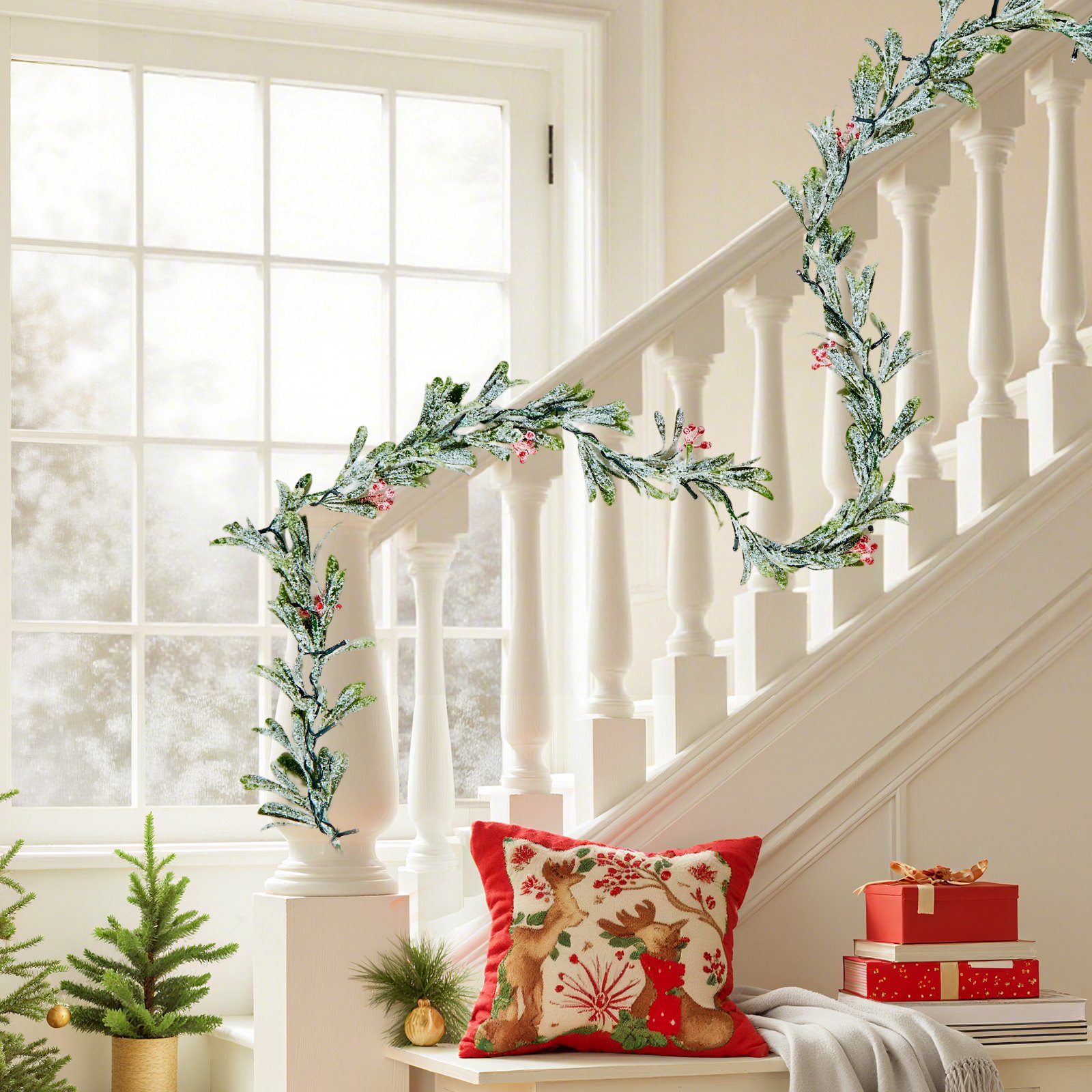VEVOR Christmas Garland, 2011 mm Realistic Greenery Decorated with Vines, Olive Leaves, and Berries, Evergreen Faux Garlands with Light String for Indoor Outdoor Xmas Decoration on Mantel Fireplace