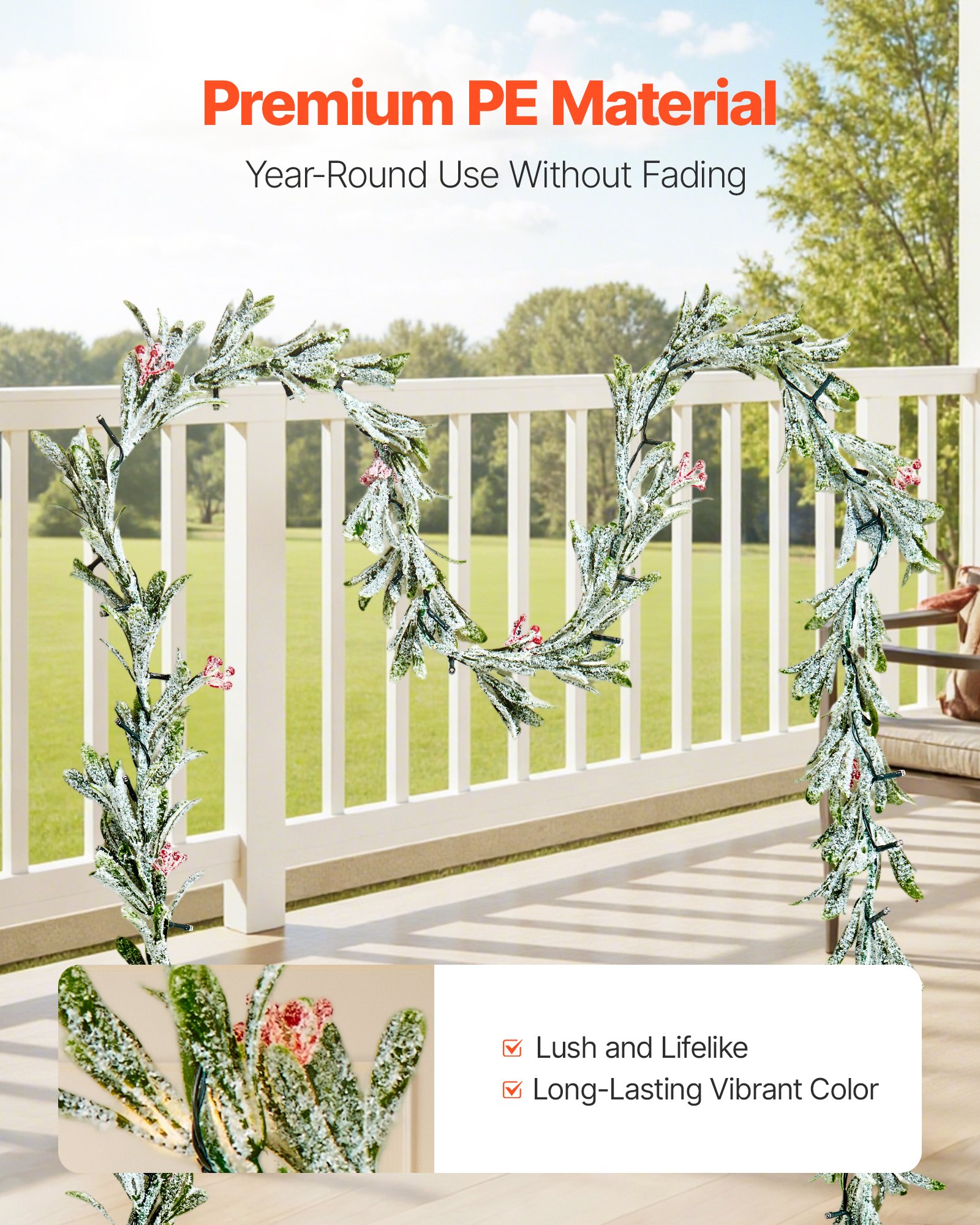 VEVOR Christmas Garland, 2750 mm Realistic Greenery Decorated with Vines, Olive Leaves, and Berries, Evergreen Faux Garlands with Light String for Indoor Outdoor Xmas Decoration on Mantel Fireplace