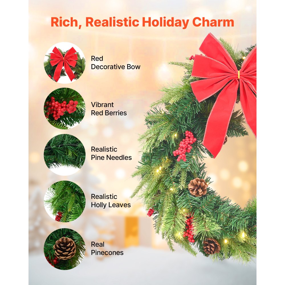 VEVOR Christmas Wreath, 24 Inches Pre-Lit Artificial Christmas Wreath with 50 LED Lights and Timer, Decorated with Pine Cones, Red Berry Clusters, Holly Leaves, Suitable for Fireplace Door Window