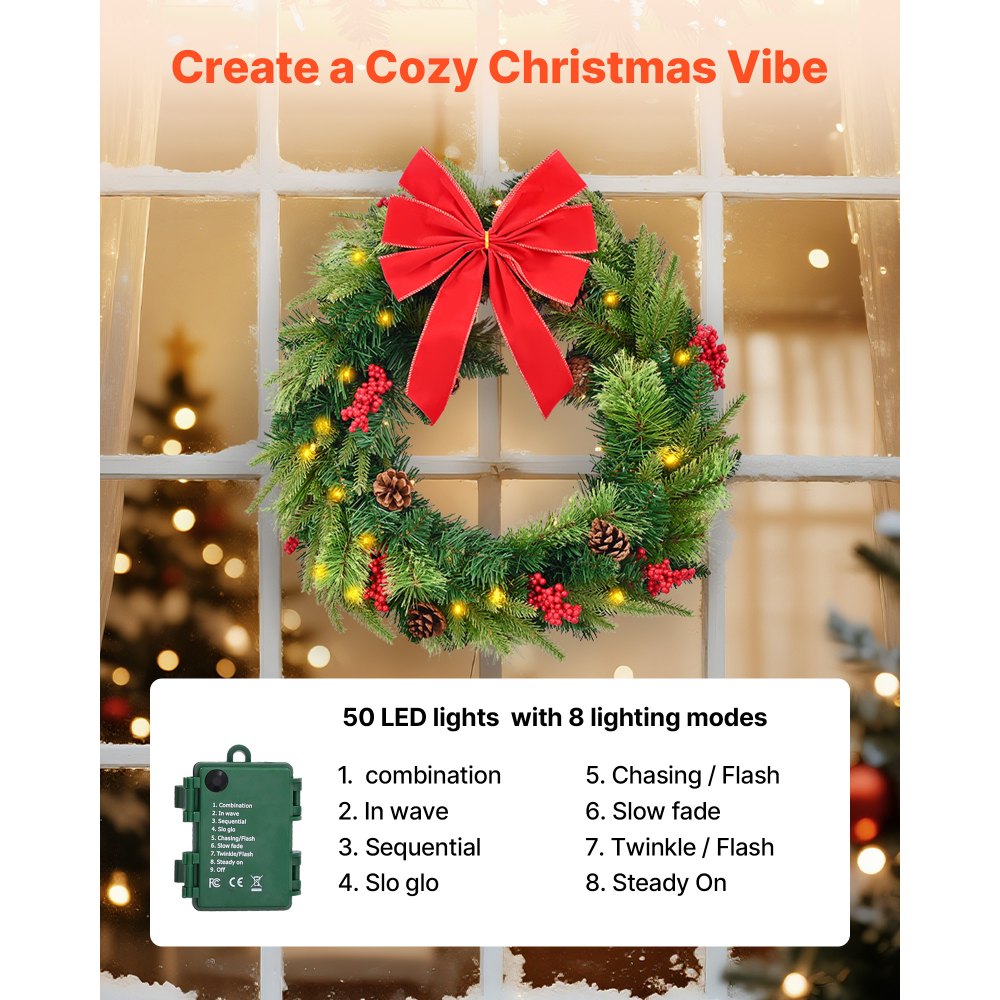 VEVOR Christmas Wreath, 24 Inches Pre-Lit Artificial Christmas Wreath with 50 LED Lights and Timer, Decorated with Pine Cones, Red Berry Clusters, Holly Leaves, Suitable for Fireplace Door Window