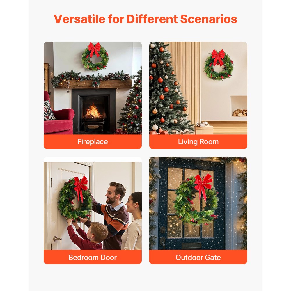 VEVOR Christmas Wreath, 24 Inches Pre-Lit Artificial Christmas Wreath with 50 LED Lights and Timer, Decorated with Pine Cones, Red Berry Clusters, Holly Leaves, Suitable for Fireplace Door Window
