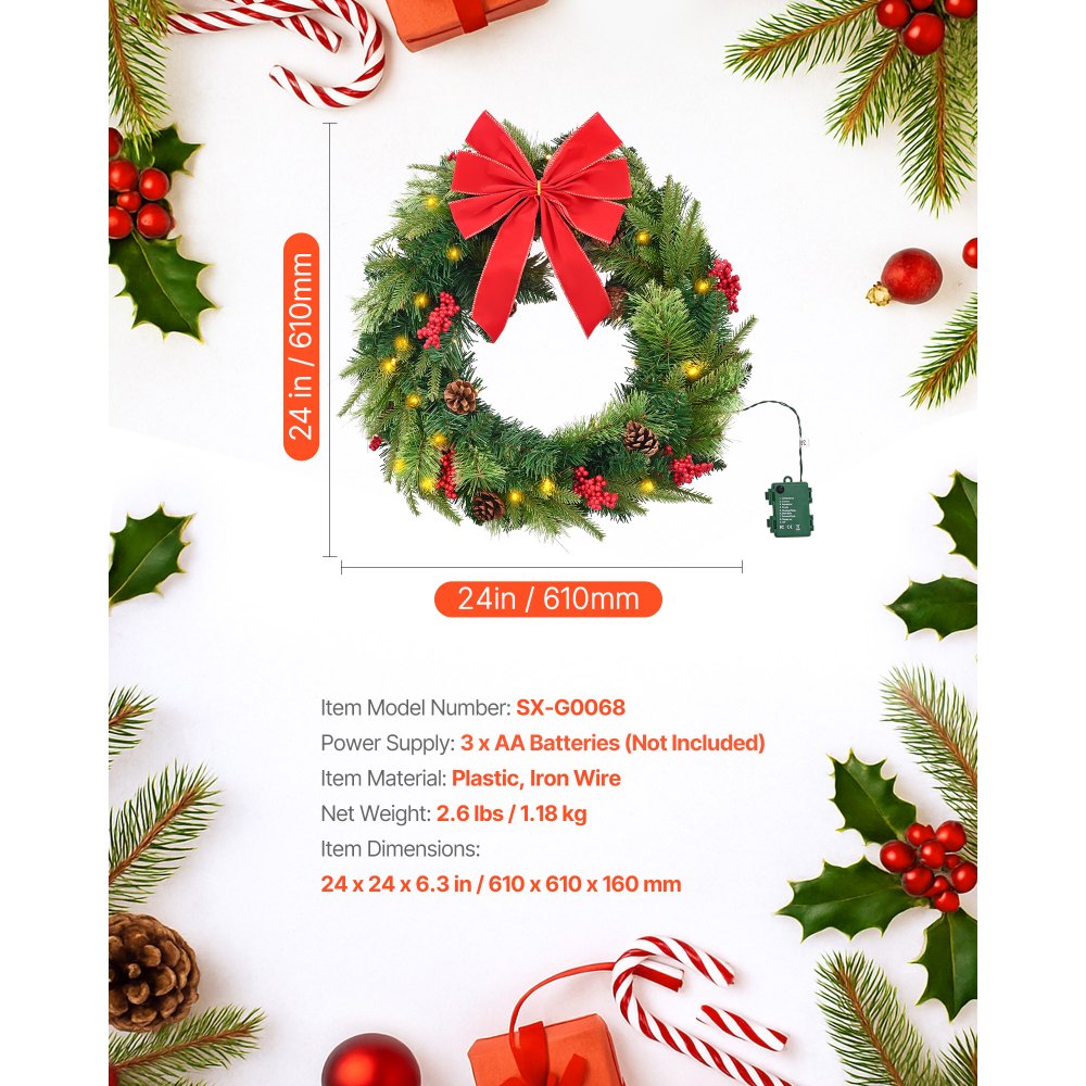 VEVOR Christmas Wreath, 24 Inches Pre-Lit Artificial Christmas Wreath with 50 LED Lights and Timer, Decorated with Pine Cones, Red Berry Clusters, Holly Leaves, Suitable for Fireplace Door Window