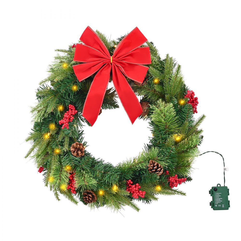 VEVOR Christmas Wreath, 24 Inches Pre-Lit Artificial Christmas Wreath with 50 LED Lights and Timer, Decorated with Pine Cones, Red Berry Clusters, Holly Leaves, Suitable for Fireplace Door Window