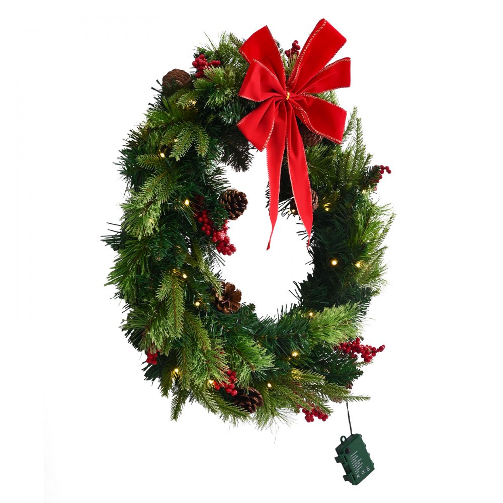 VEVOR Christmas Wreath, 24 Inches Pre-Lit Artificial Christmas Wreath with 50 LED Lights and Timer, Decorated with Pine Cones, Red Berry Clusters, Holly Leaves, Suitable for Fireplace Door Window