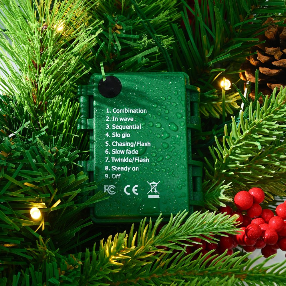 VEVOR Christmas Wreath, 24 Inches Pre-Lit Artificial Christmas Wreath with 50 LED Lights and Timer, Decorated with Pine Cones, Red Berry Clusters, Holly Leaves, Suitable for Fireplace Door Window