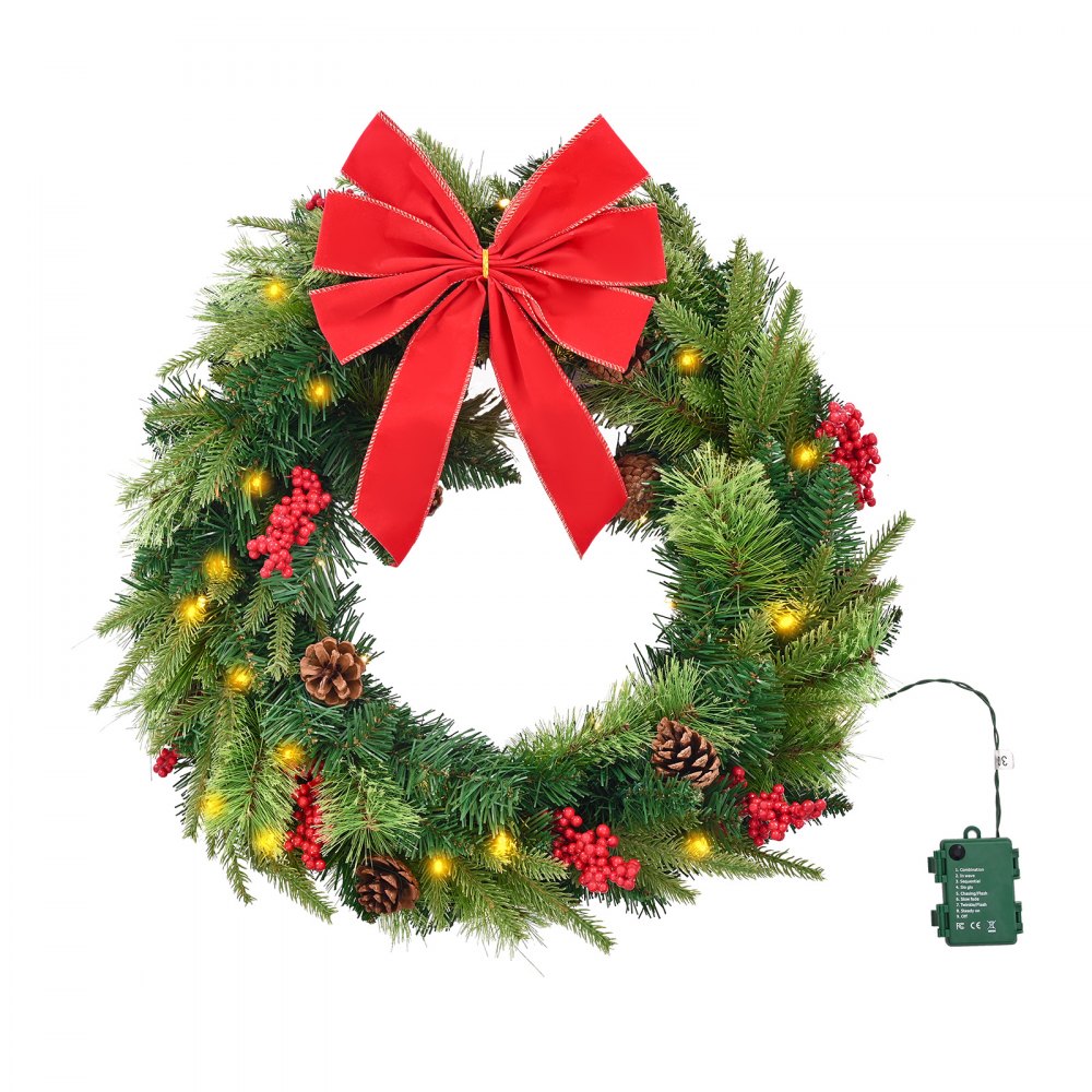 VEVOR Christmas Wreath, 24 Inches Pre-Lit Artificial Christmas Wreath with 50 LED Lights and Timer, Decorated with Pine Cones, Red Berry Clusters, Holly Leaves, Suitable for Fireplace Door Window
