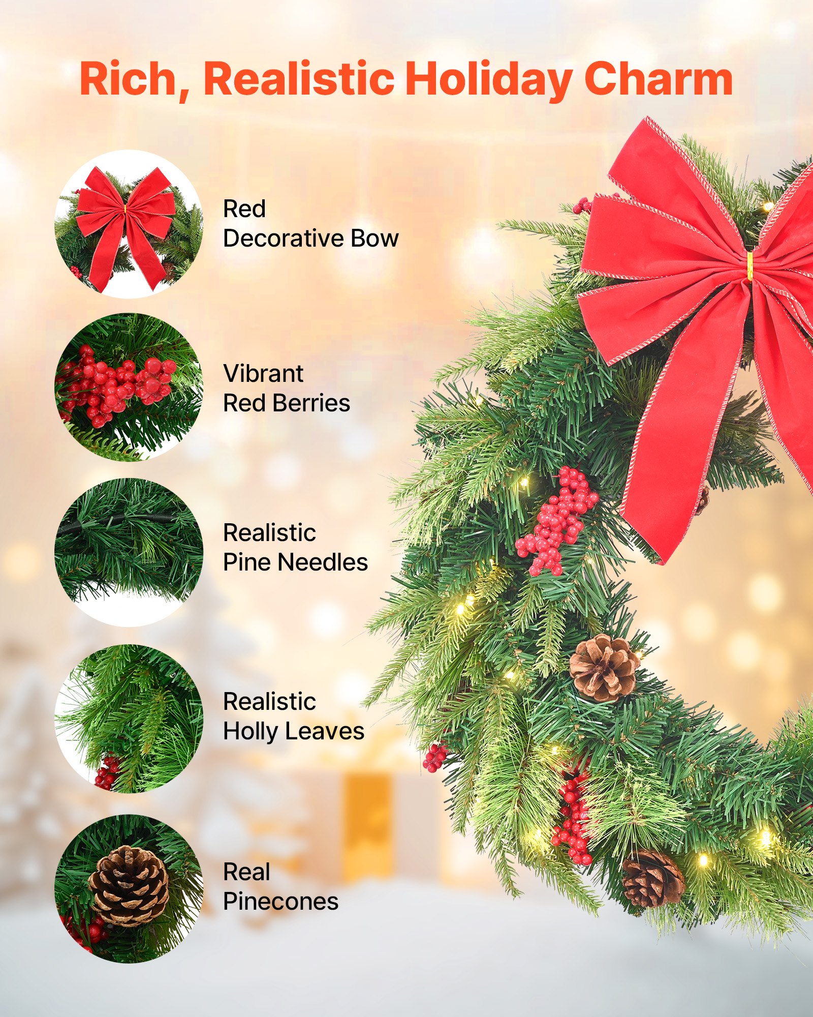 VEVOR Christmas Wreath, 24 Inches Pre-Lit Artificial Christmas Wreath with 50 LED Lights and Timer, Decorated with Pine Cones, Red Berry Clusters, Holly Leaves, Suitable for Fireplace Door Window