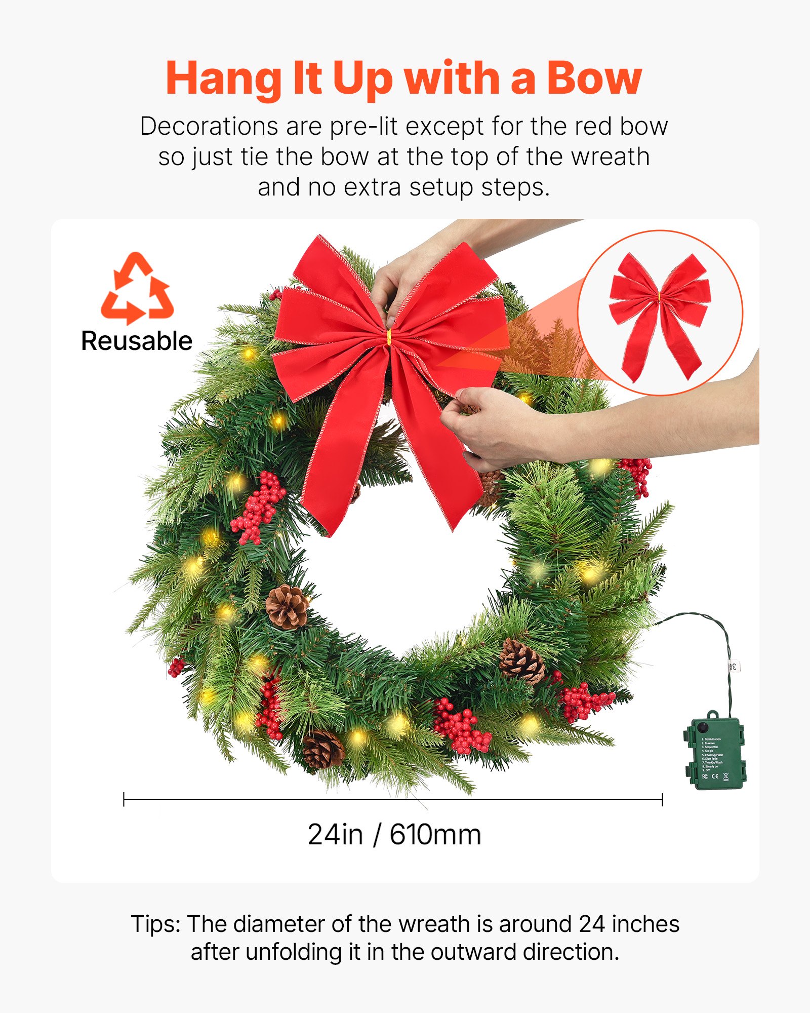 VEVOR Christmas Wreath, 24 Inches Pre-Lit Artificial Christmas Wreath with 50 LED Lights and Timer, Decorated with Pine Cones, Red Berry Clusters, Holly Leaves, Suitable for Fireplace Door Window