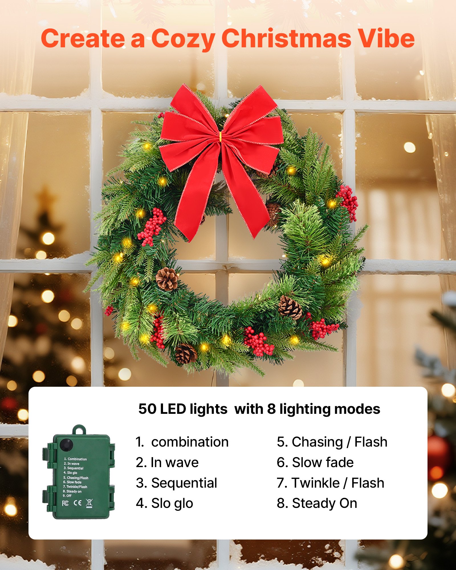 VEVOR Christmas Wreath, 24 Inches Pre-Lit Artificial Christmas Wreath with 50 LED Lights and Timer, Decorated with Pine Cones, Red Berry Clusters, Holly Leaves, Suitable for Fireplace Door Window
