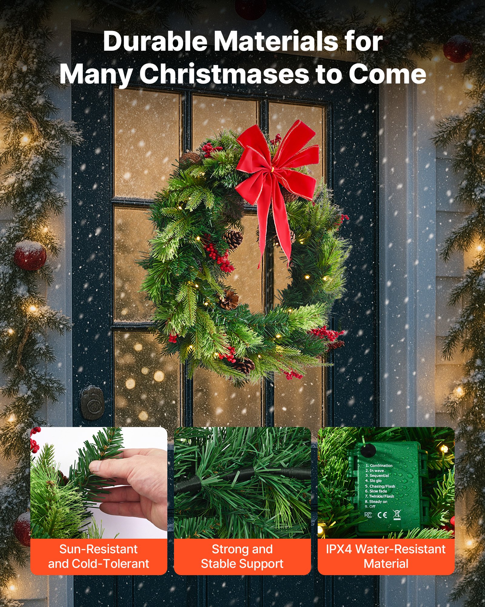 VEVOR Christmas Wreath, 24 Inches Pre-Lit Artificial Christmas Wreath with 50 LED Lights and Timer, Decorated with Pine Cones, Red Berry Clusters, Holly Leaves, Suitable for Fireplace Door Window