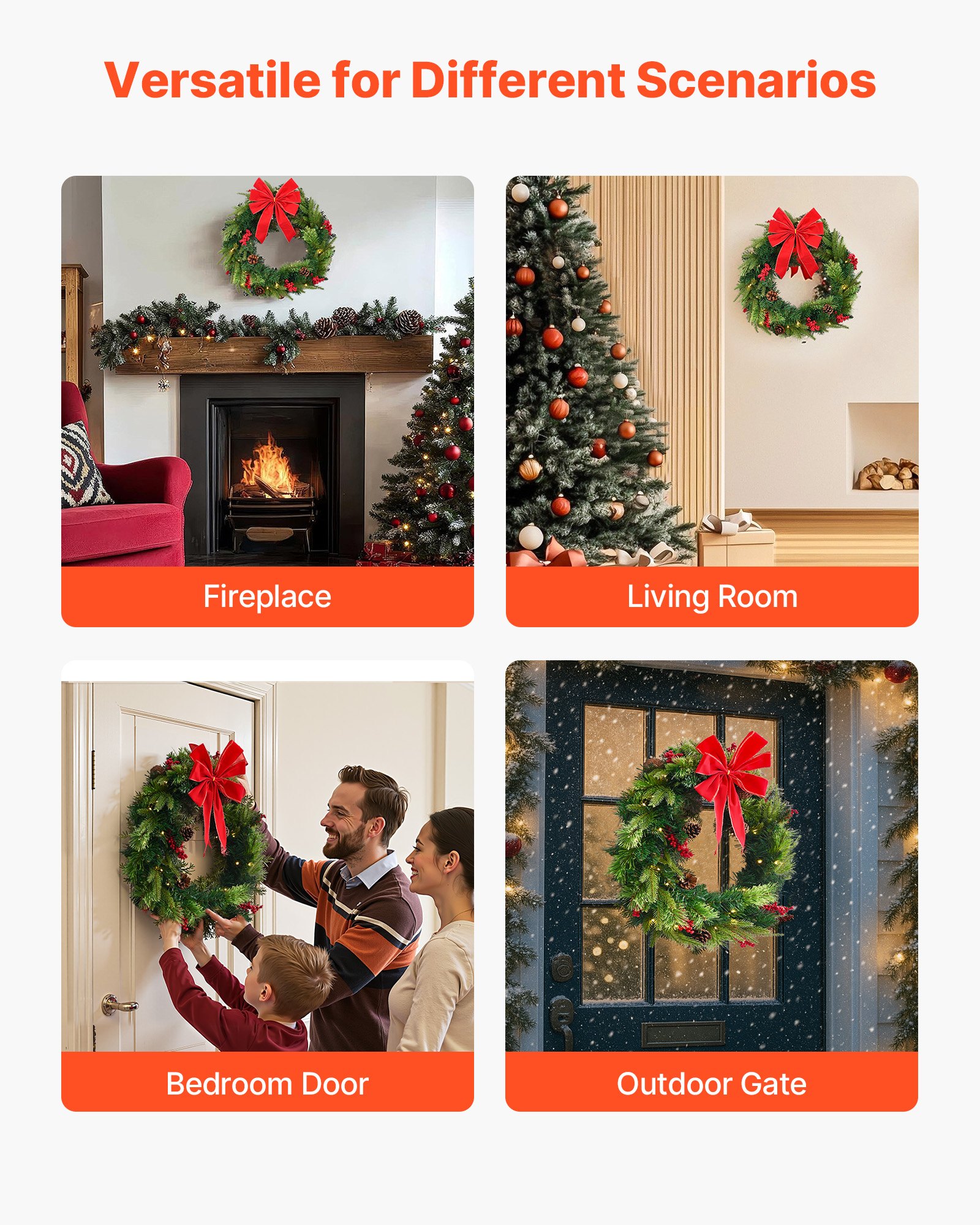 VEVOR Christmas Wreath, 24 Inches Pre-Lit Artificial Christmas Wreath with 50 LED Lights and Timer, Decorated with Pine Cones, Red Berry Clusters, Holly Leaves, Suitable for Fireplace Door Window