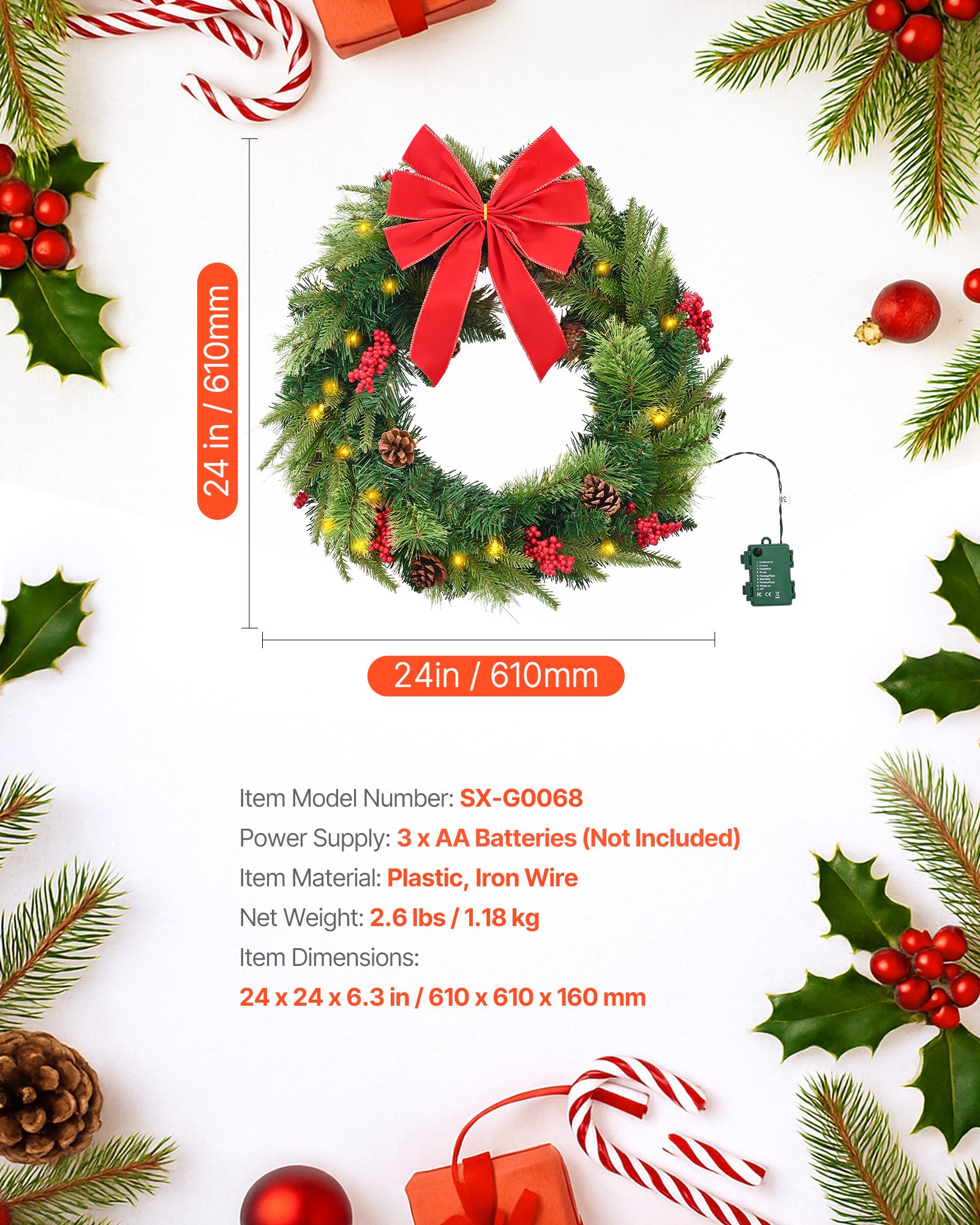 VEVOR Christmas Wreath, 24 Inches Pre-Lit Artificial Christmas Wreath with 50 LED Lights and Timer, Decorated with Pine Cones, Red Berry Clusters, Holly Leaves, Suitable for Fireplace Door Window