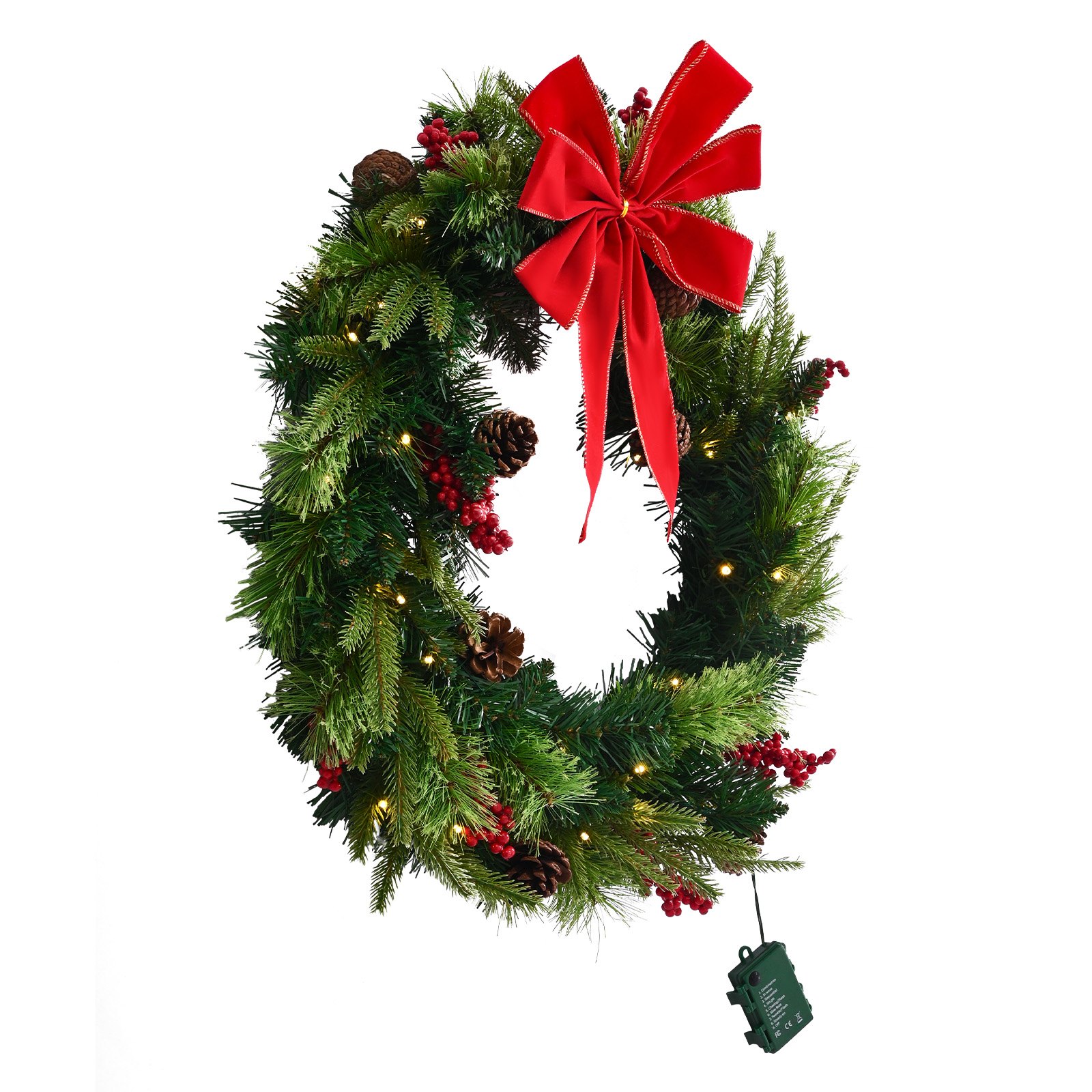 VEVOR Christmas Wreath, 24 Inches Pre-Lit Artificial Christmas Wreath with 50 LED Lights and Timer, Decorated with Pine Cones, Red Berry Clusters, Holly Leaves, Suitable for Fireplace Door Window