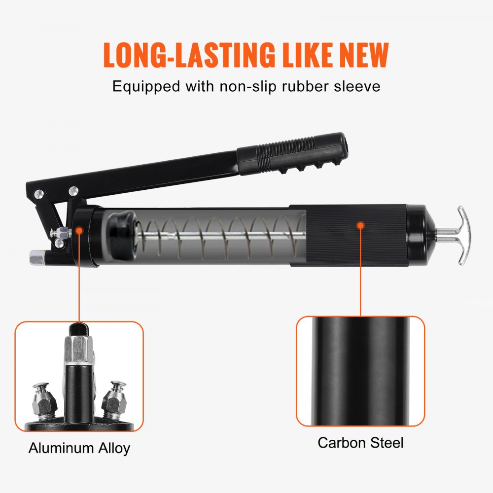 VEVOR Grease Gun, 10000 PSI Max. Working Pressure, 20 OZ / 600 CC Capacity Heavy Duty Lever Action Grease Gun Kit, Includes 18.5 Inch Flexible Hose, 2 Black Flat Couplers, and 1 Straight Metal Pipes