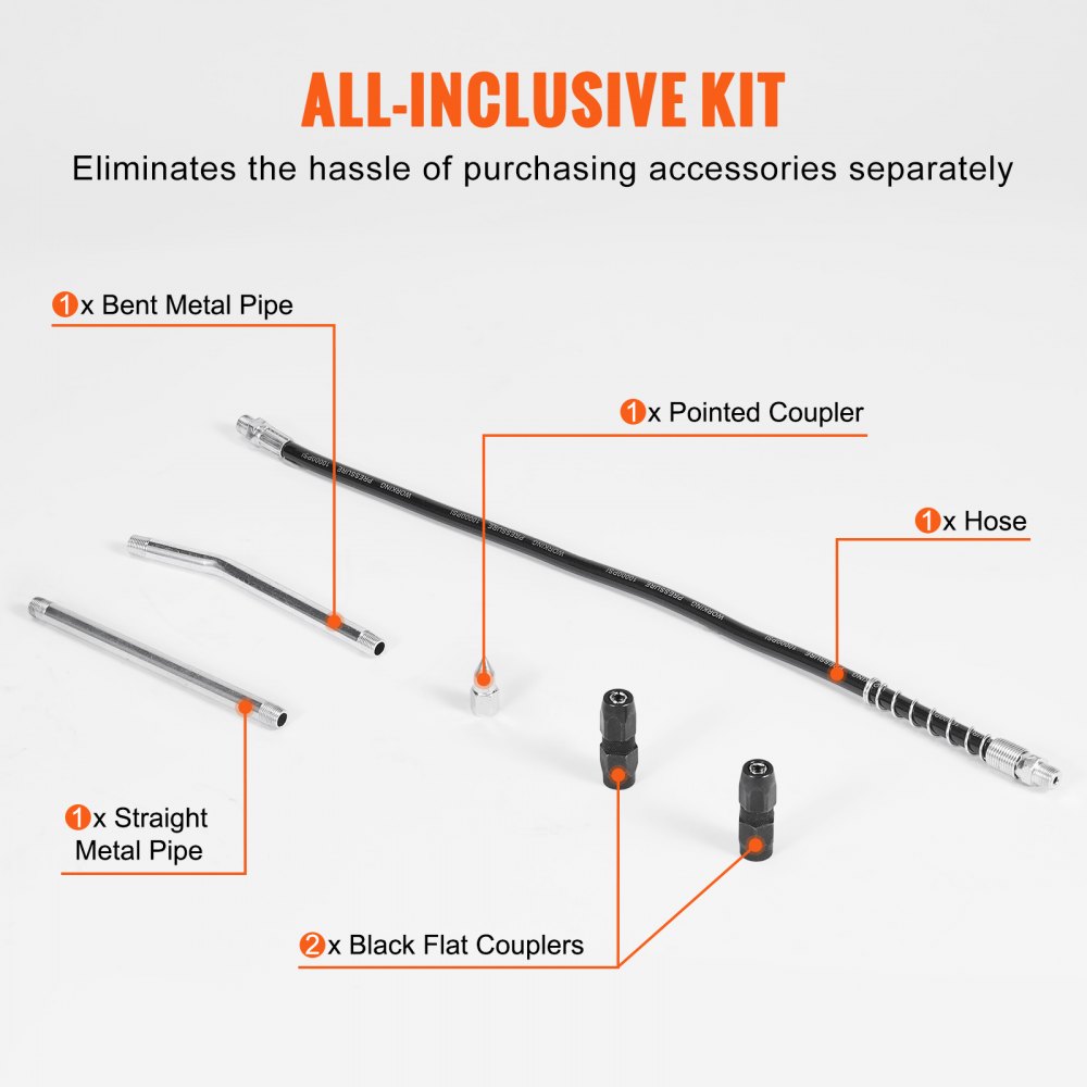 VEVOR Grease Gun, 10000 PSI Max. Working Pressure, 20 OZ / 600 CC Capacity Heavy Duty Lever Action Grease Gun Kit, Includes 18.5 Inch Flexible Hose, 2 Black Flat Couplers, and 1 Straight Metal Pipes