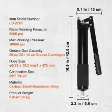 VEVOR Grease Gun, 10000 PSI Max. Working Pressure, 20 OZ / 600 CC Capacity Heavy Duty Lever Action Grease Gun Kit, Includes 18.5 Inch Flexible Hose, 2 Black Flat Couplers, and 1 Straight Metal Pipes