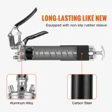 VEVOR Pistol Grip Grease Gun, 6000 PSI, 14 OZ / 400 CC Capacity Heavy Duty Professional Grease Gun, with 17.72 Inch Flexible Hose 1 Black Flat Coupler, 1 Pointed Coupler, and 1 Bent Metal Pipe