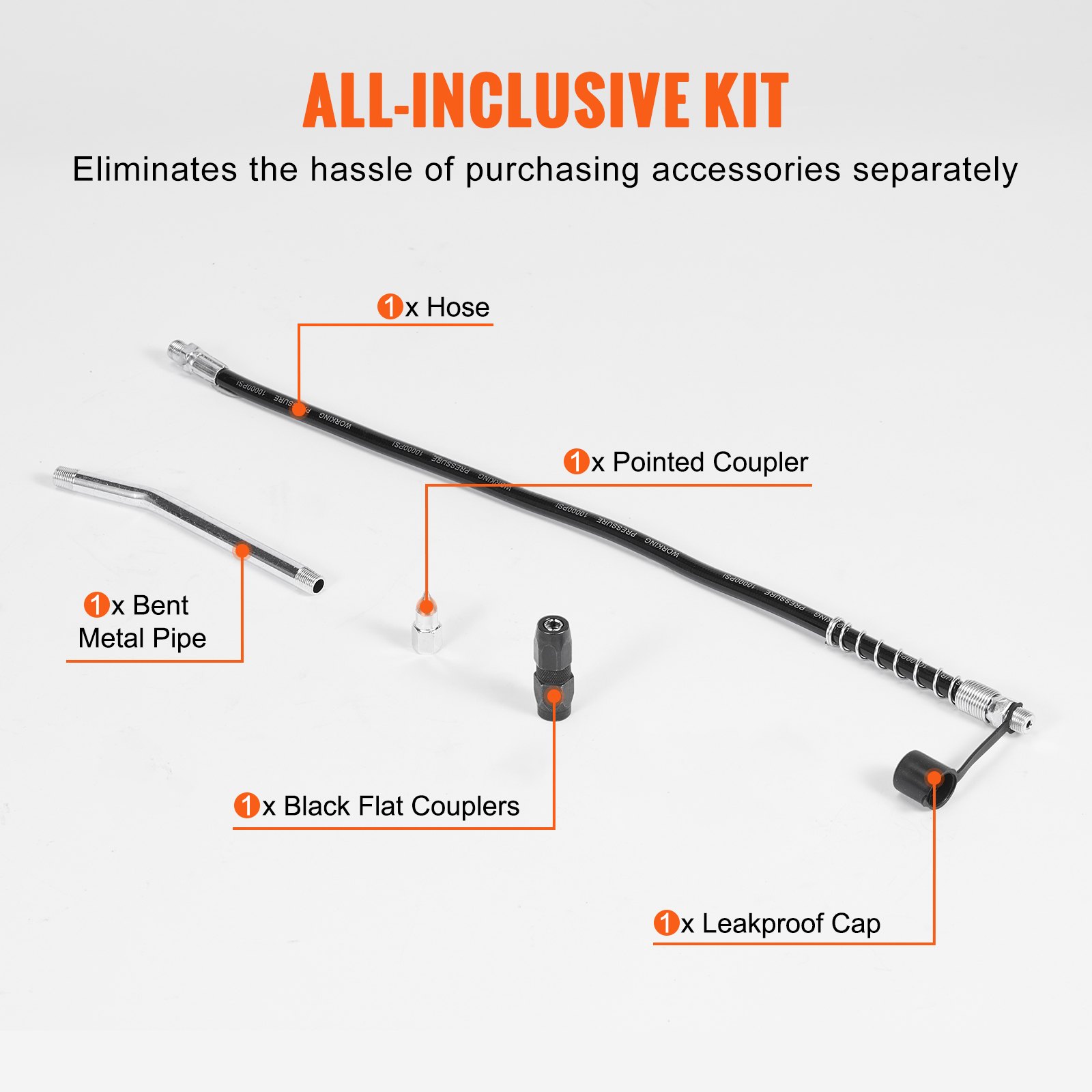 VEVOR Professional Grease Gun, 6000 PSI, 14 OZ / 400 CC, includes 17.72 Inch Flexible Hose, 1 Black Flat Coupler, 1 Pointed Coupler, and 1 Bent Metal Pipe for Efficient Lubrication