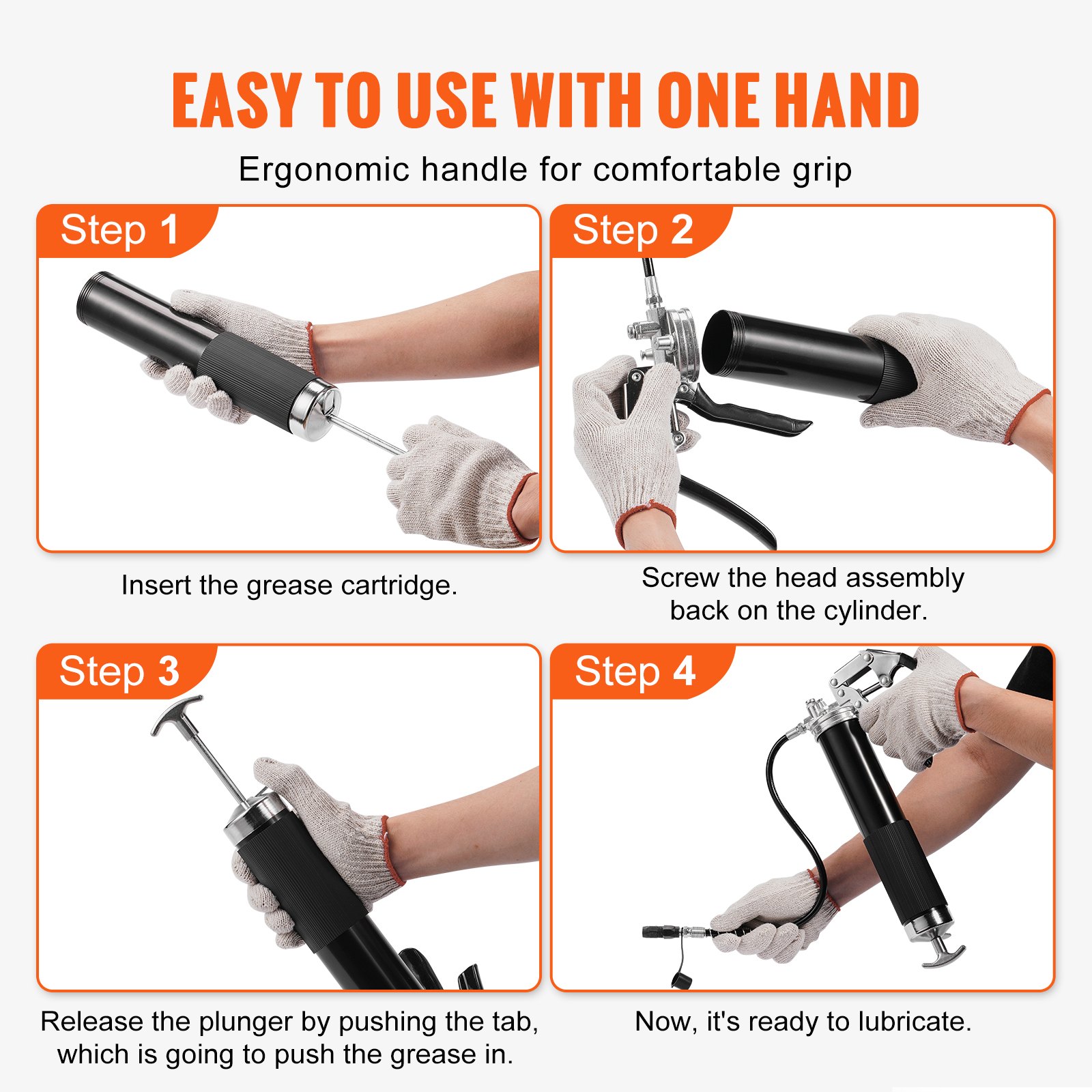 VEVOR Professional Grease Gun, 6000 PSI, 14 OZ / 400 CC, includes 17.72 Inch Flexible Hose, 1 Black Flat Coupler, 1 Pointed Coupler, and 1 Bent Metal Pipe for Efficient Lubrication