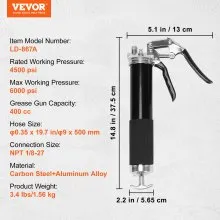 VEVOR Pistol Grip Grease Gun, 6000 PSI, 14 OZ / 400 CC Capacity Heavy Duty Professional Grease Gun, with 19.69 Inch Flexible Hose 2 Black Flat Couplers, 1 Pointed Coupler, and 2 Rigid Metal Pipe