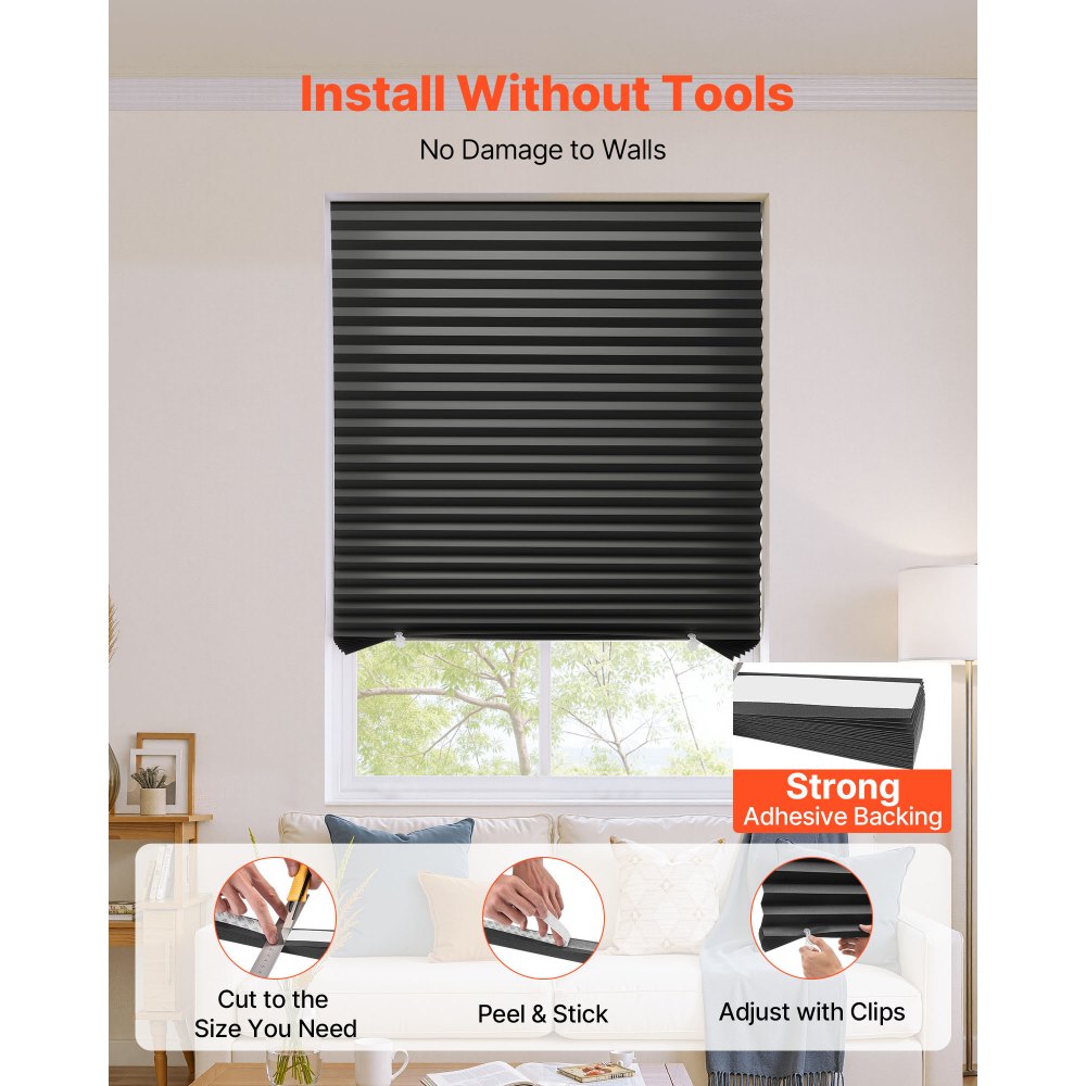 VEVOR Paper Blinds, 6 Pack, 36 in x 72 in, Temporary Blackout Pleated Paper Shades, No Tools No Drilling, Pleated Blinds with Adhesive, Easy to Cut and install, for Indoor Windows, Kitchen, Bedroom