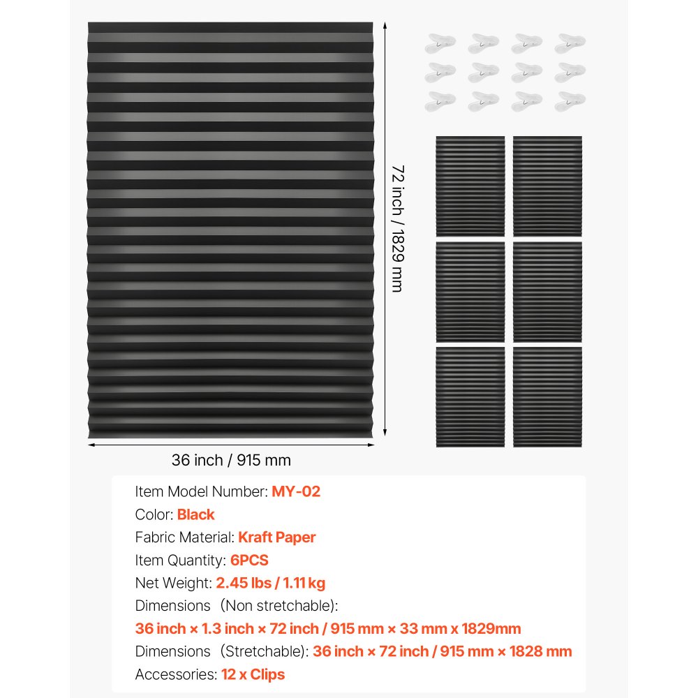 VEVOR Paper Blinds, 6 Pack, 36 in x 72 in, Temporary Blackout Pleated Paper Shades, No Tools No Drilling, Pleated Blinds with Adhesive, Easy to Cut and install, for Indoor Windows, Kitchen, Bedroom