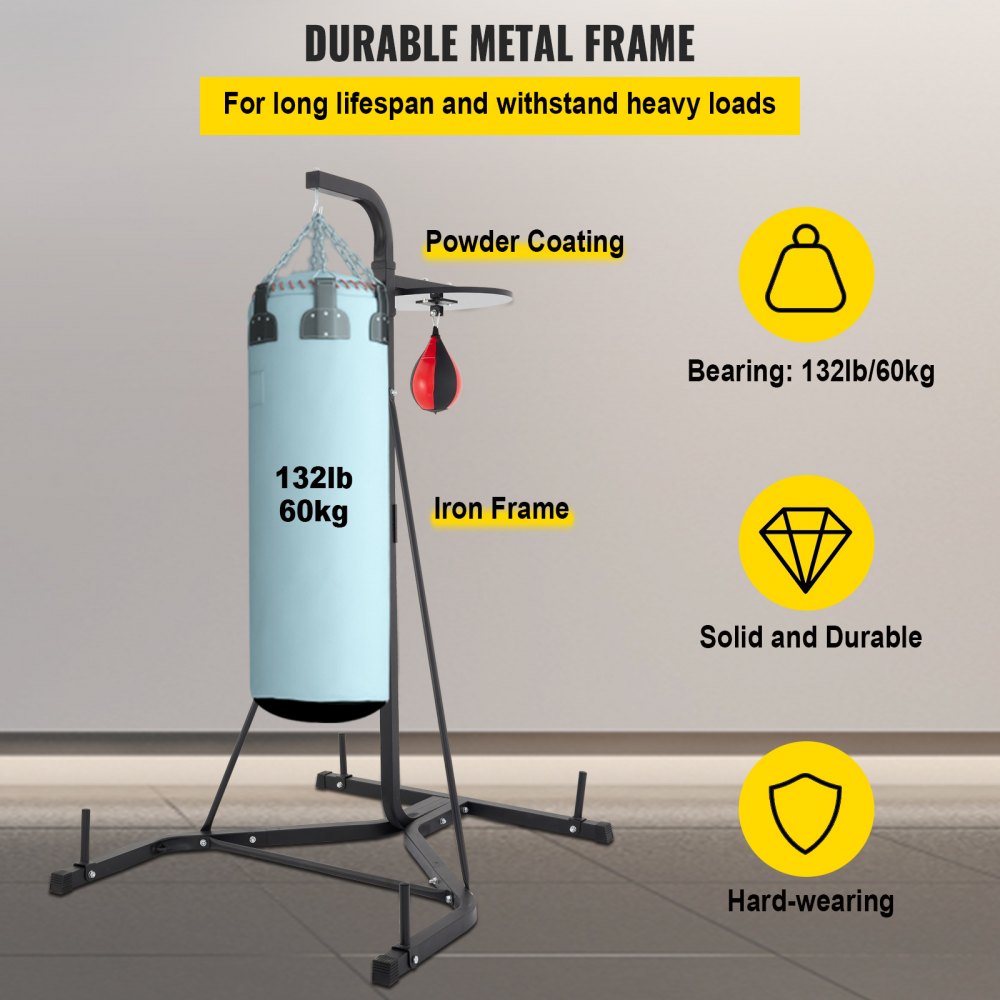VEVOR heavy bag stand: powder coated iron frame, 132lb capacity, durable and hard-wearing.
