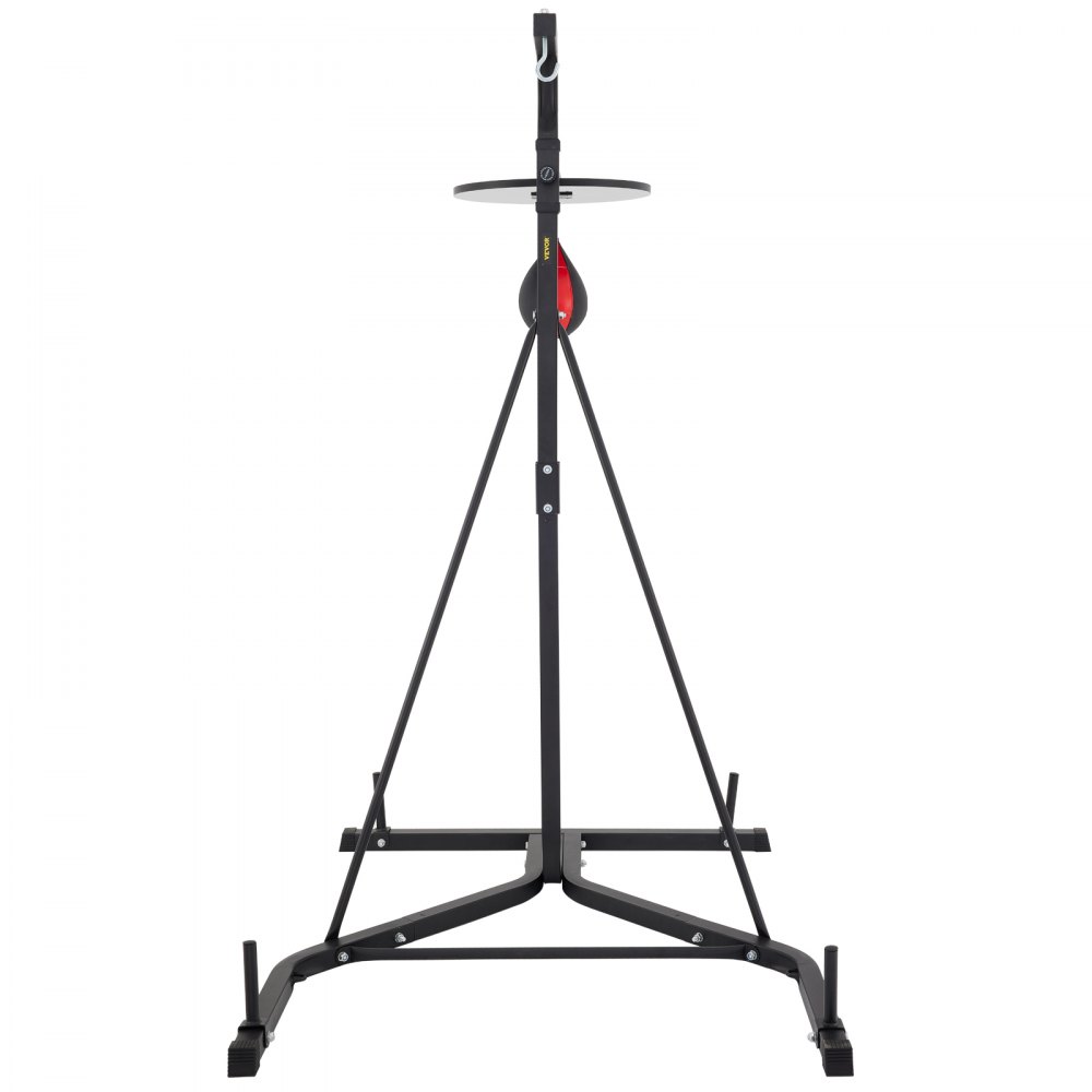 black VEVOR heavy bag stand with a triangular base and a speed bag attachment.