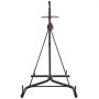 black VEVOR heavy bag stand with a triangular base and a speed bag attachment.