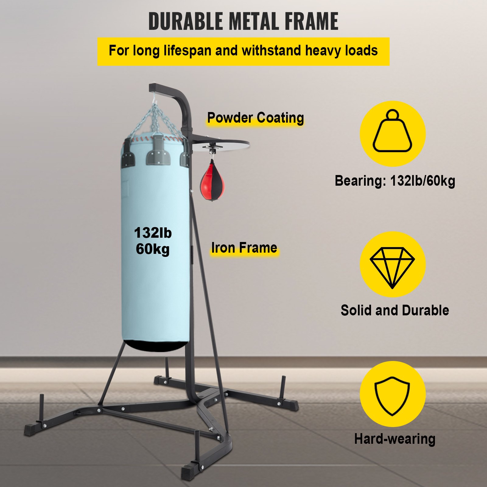 VEVOR heavy bag stand: powder coated iron frame, 132lb capacity, durable and hard-wearing.