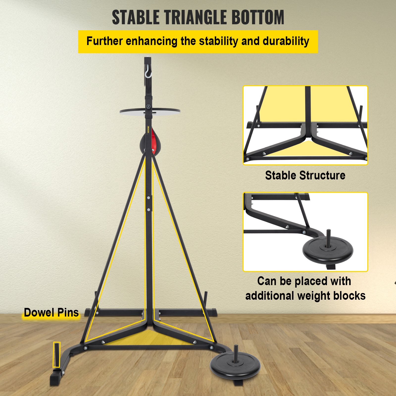 VEVOR heavy bag stand with stable triangle base for enhanced stability and durability.