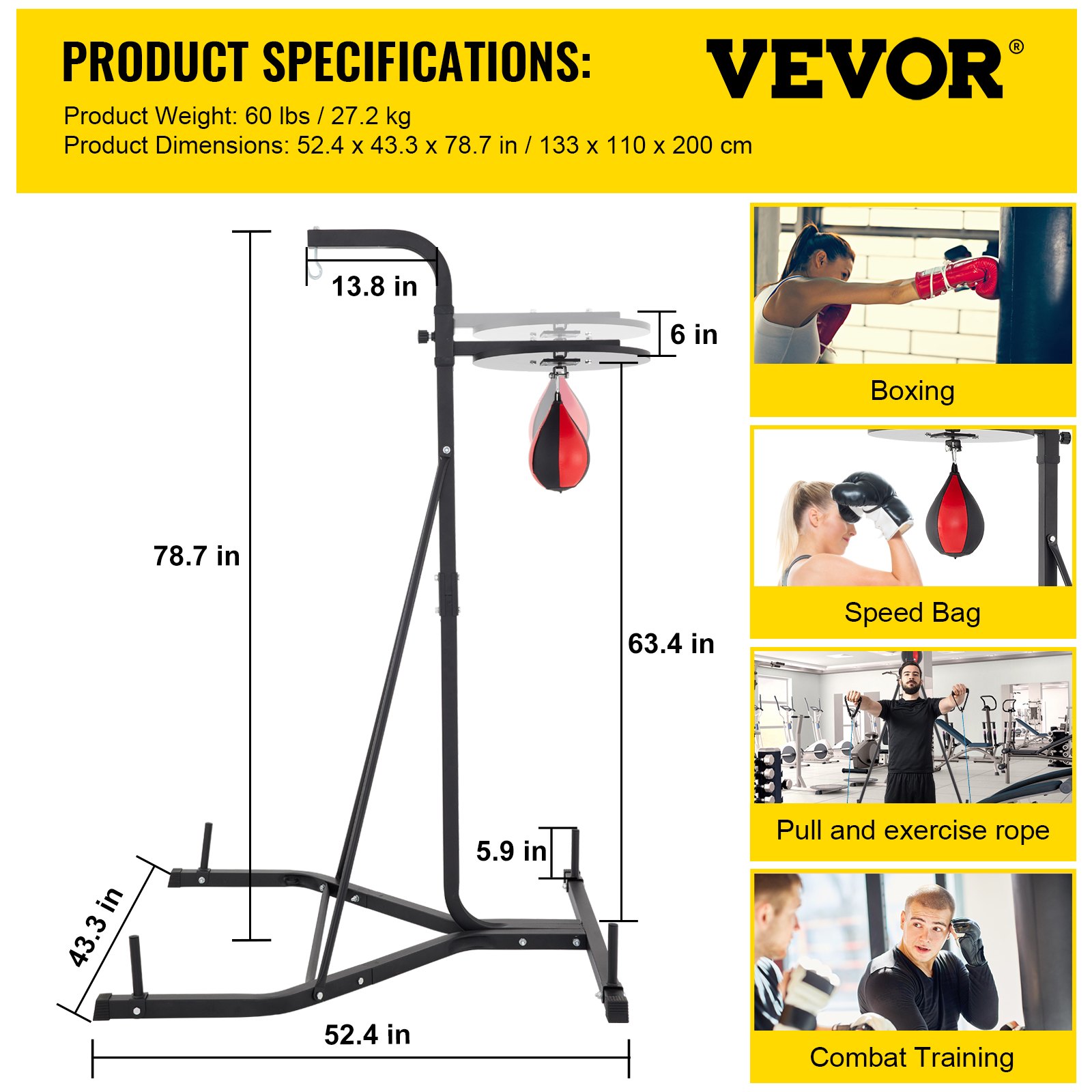 VEVOR heavy bag stand featuring dimensions and usage for boxing, speed bag, and combat training.