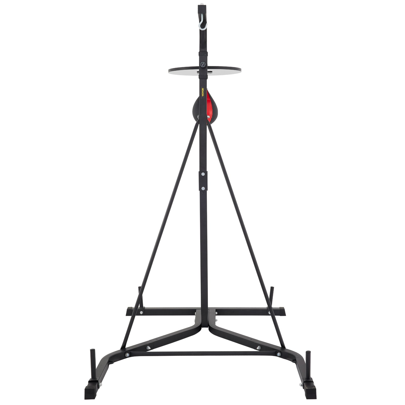 black VEVOR heavy bag stand with a triangular base and a speed bag attachment.