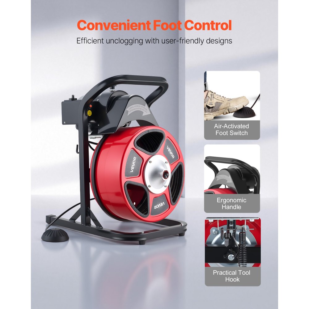 VEVOR Drain Cleaner Machine 15m x 13mm, Manual Feed Sewer Snake Auger with 4 Cutters & Air-Activated Foot Switch for 50mm to 150mm Pipes