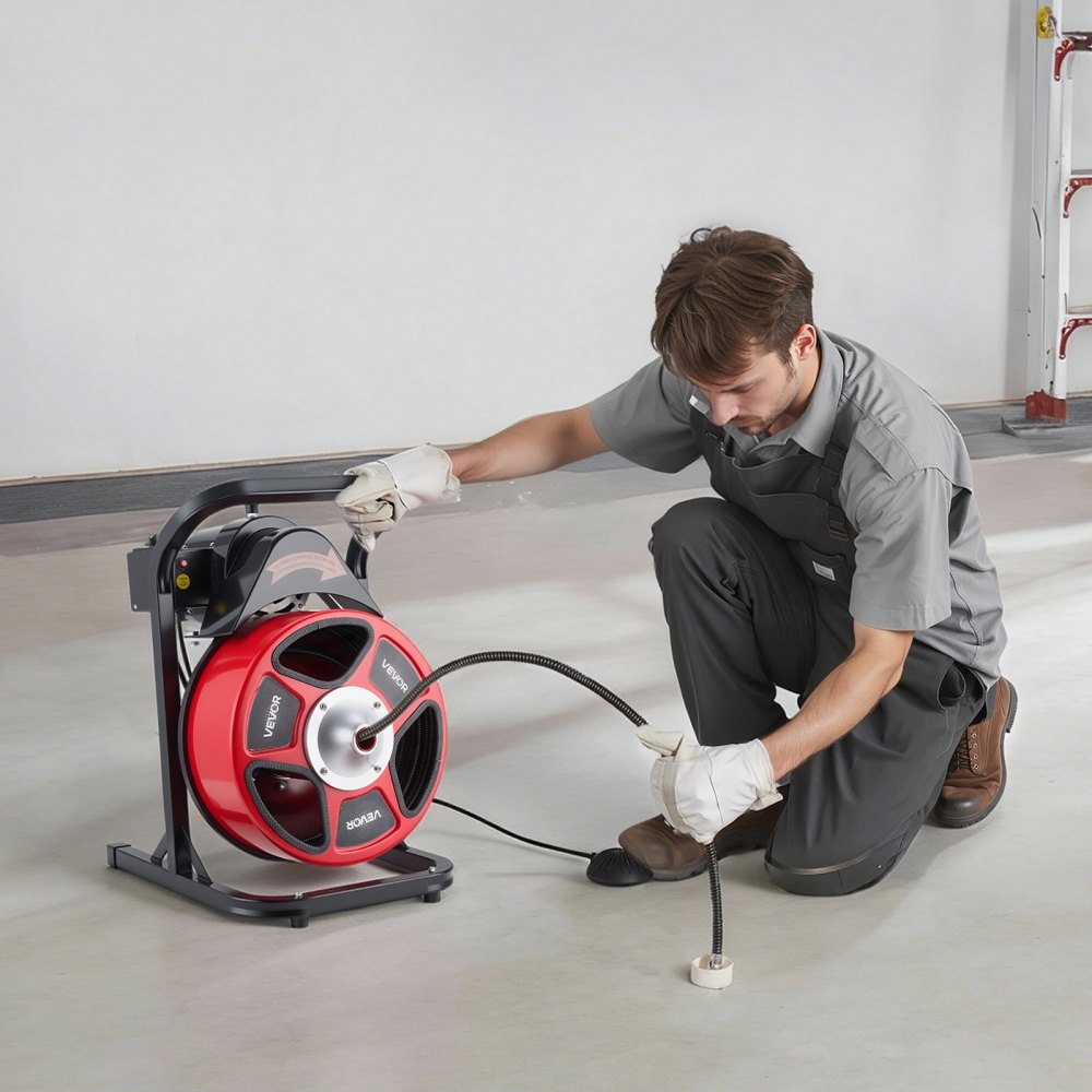 VEVOR Drain Cleaner Machine 15m x 13mm, Manual Feed Sewer Snake Auger with 4 Cutters & Air-Activated Foot Switch for 50mm to 150mm Pipes