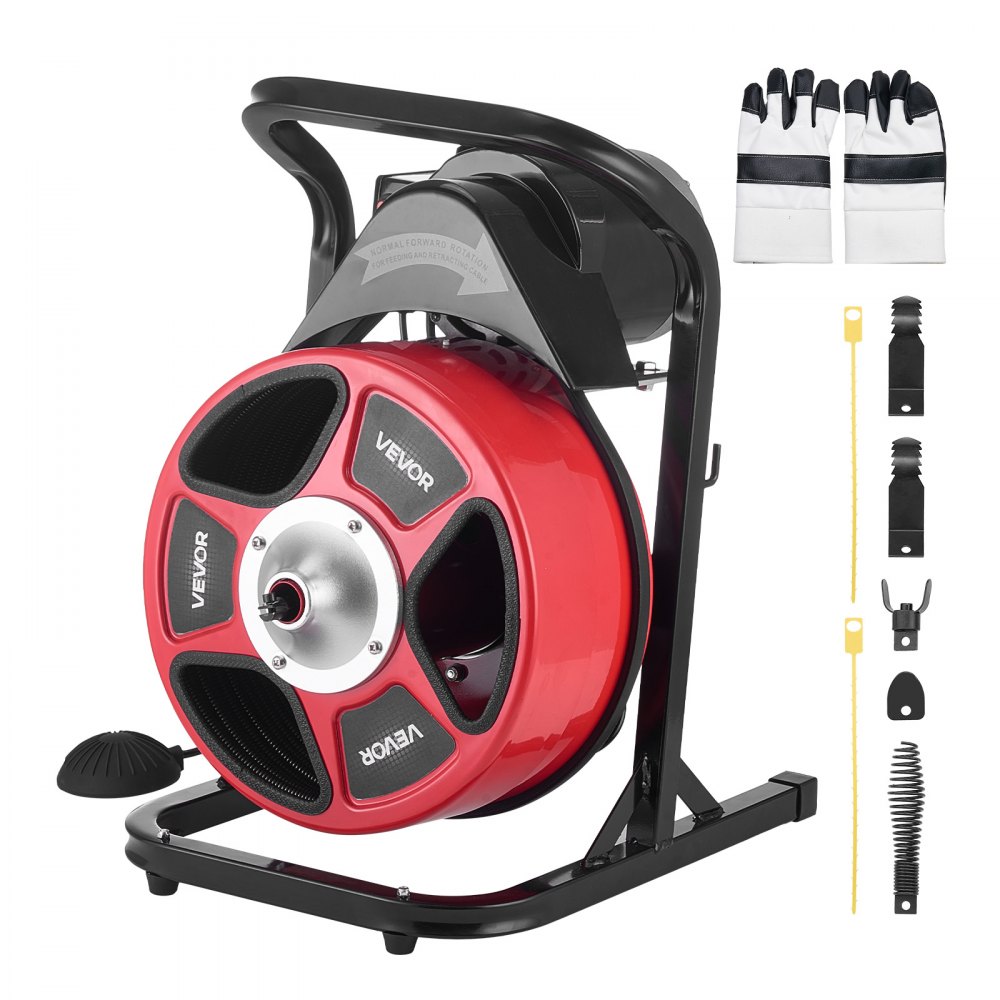 VEVOR Drain Cleaner Machine 15m x 13mm, Manual Feed Sewer Snake Auger with 4 Cutters & Air-Activated Foot Switch for 50mm to 150mm Pipes