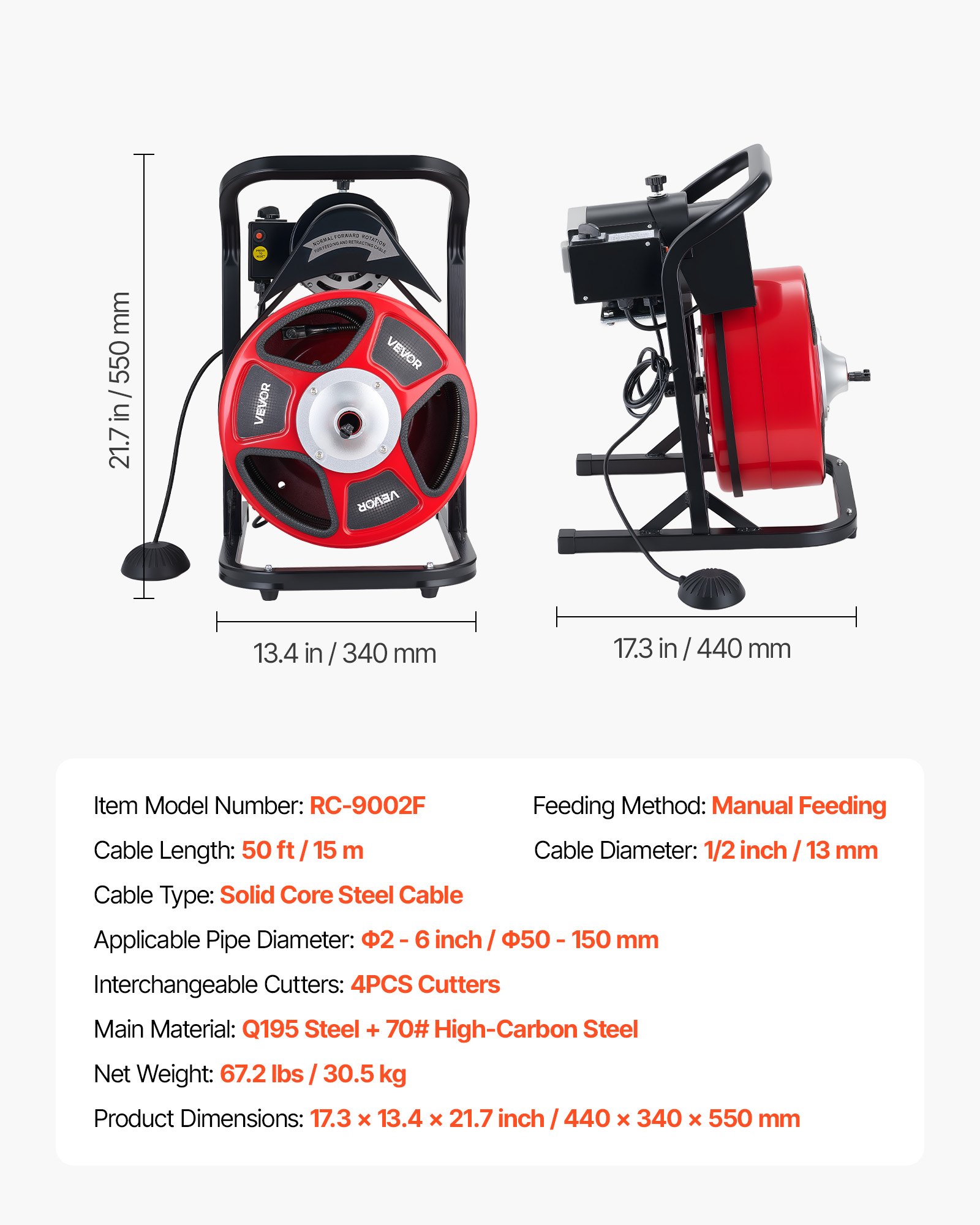 VEVOR Drain Cleaner Machine 15m x 13mm, Manual Feed Sewer Snake Auger with 4 Cutters & Air-Activated Foot Switch for 50mm to 150mm Pipes